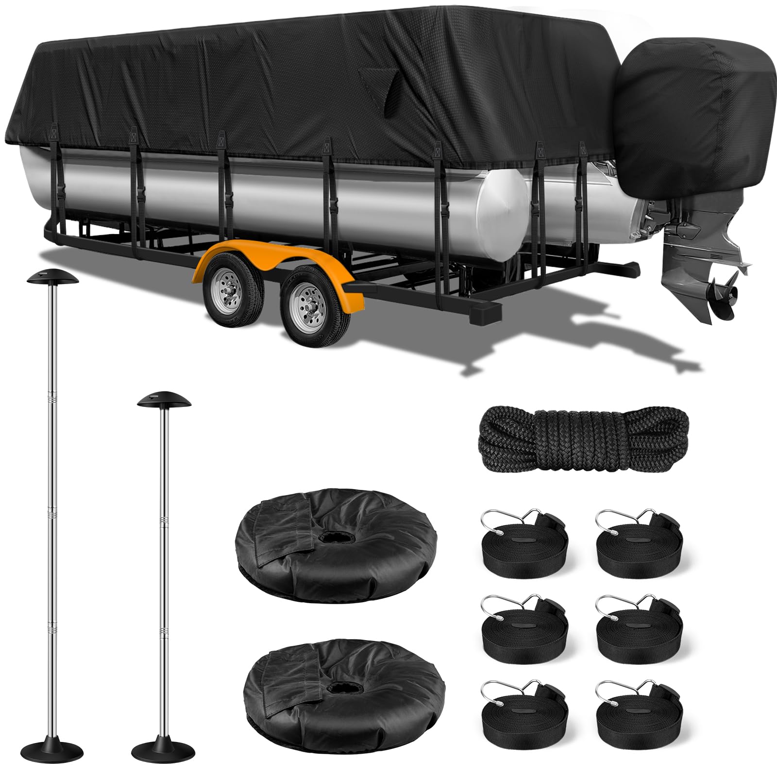 1200D Pontoon Boat Cover with Support Poles 2 Pack, Heavy Duty Pontoon Boat Cover, 21-24 ft Boat Cover for Pontoon with Motor Cover, Adjustable 16 Tie Down Straps, Black