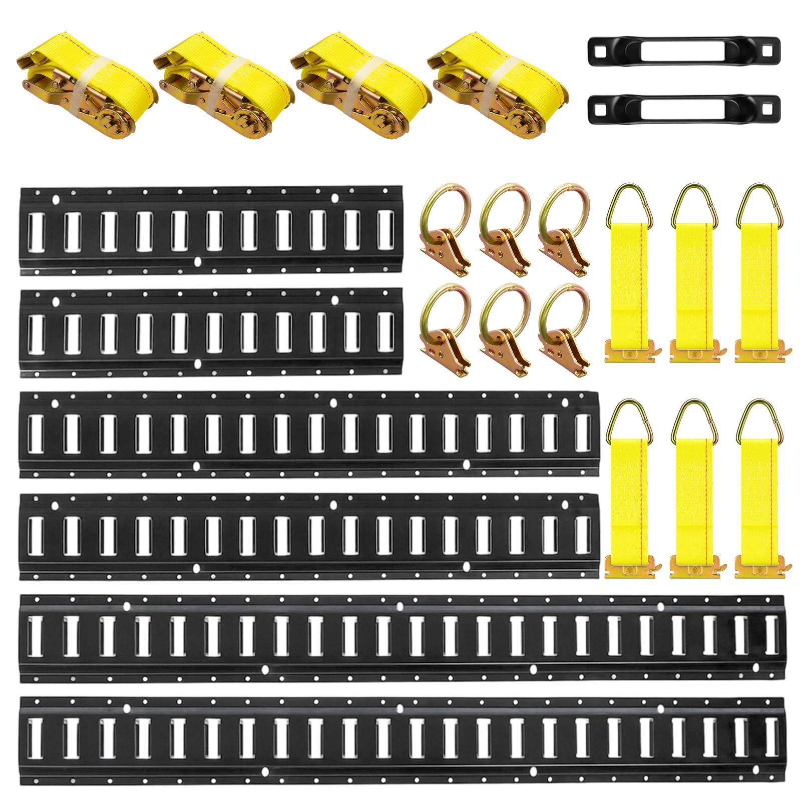 Noliven 24 PCS E Track Tie-Down Rail Kit, 6 Rails, 4 Ratchet Straps, 6 Rope Tie Offs, 6 O Ring Anchors, 2 Single Slot Anchors Securing Accessories for Trailers, Vans, Trucks, Garages