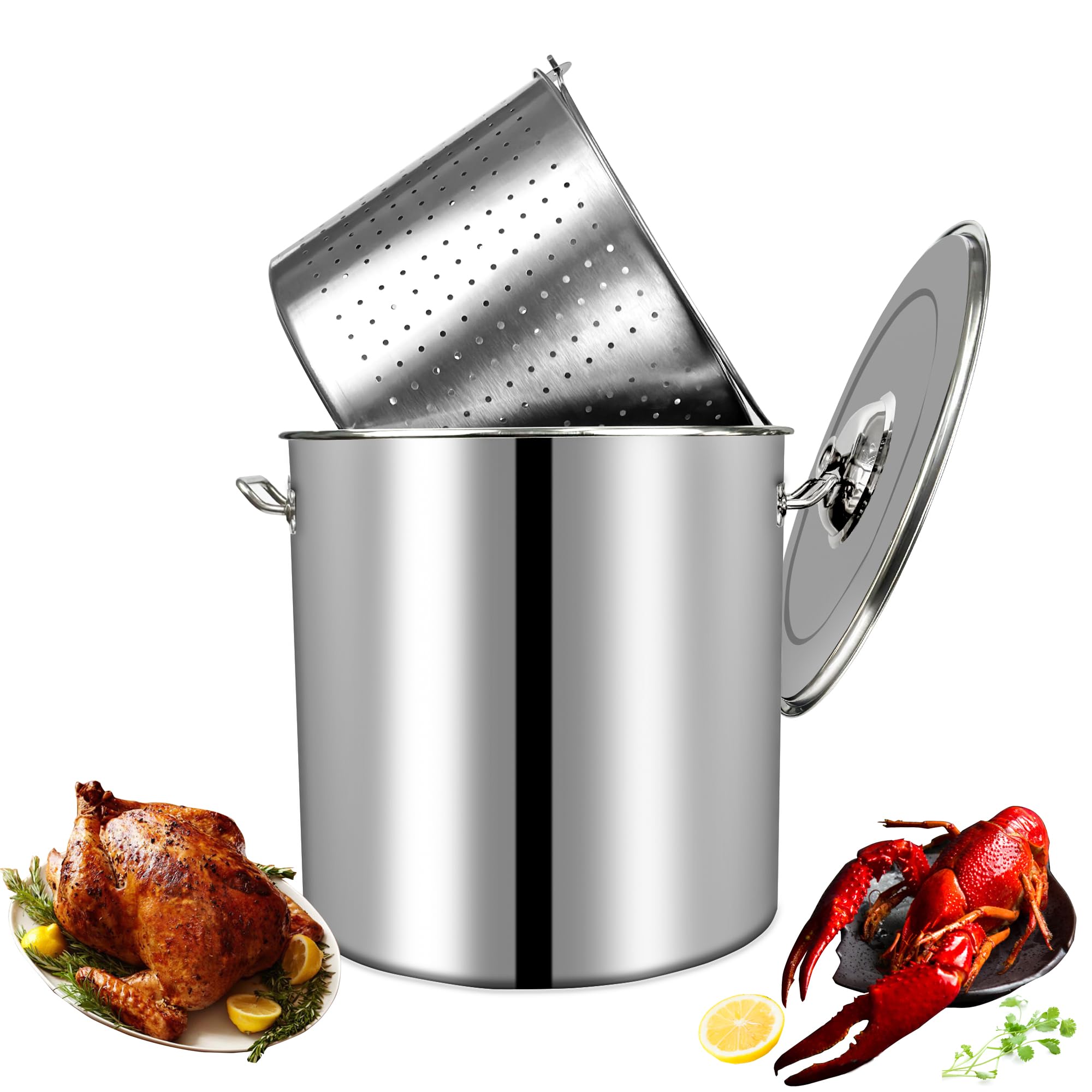 24-Quart Stainless Steel Seafood Boil Pot with Basket and Two Brown Paper, Crawfish, Crab, Lobster, Shrimp Boil Stock Pot with Strainer, Turkey Fryer Pot (24QT)
