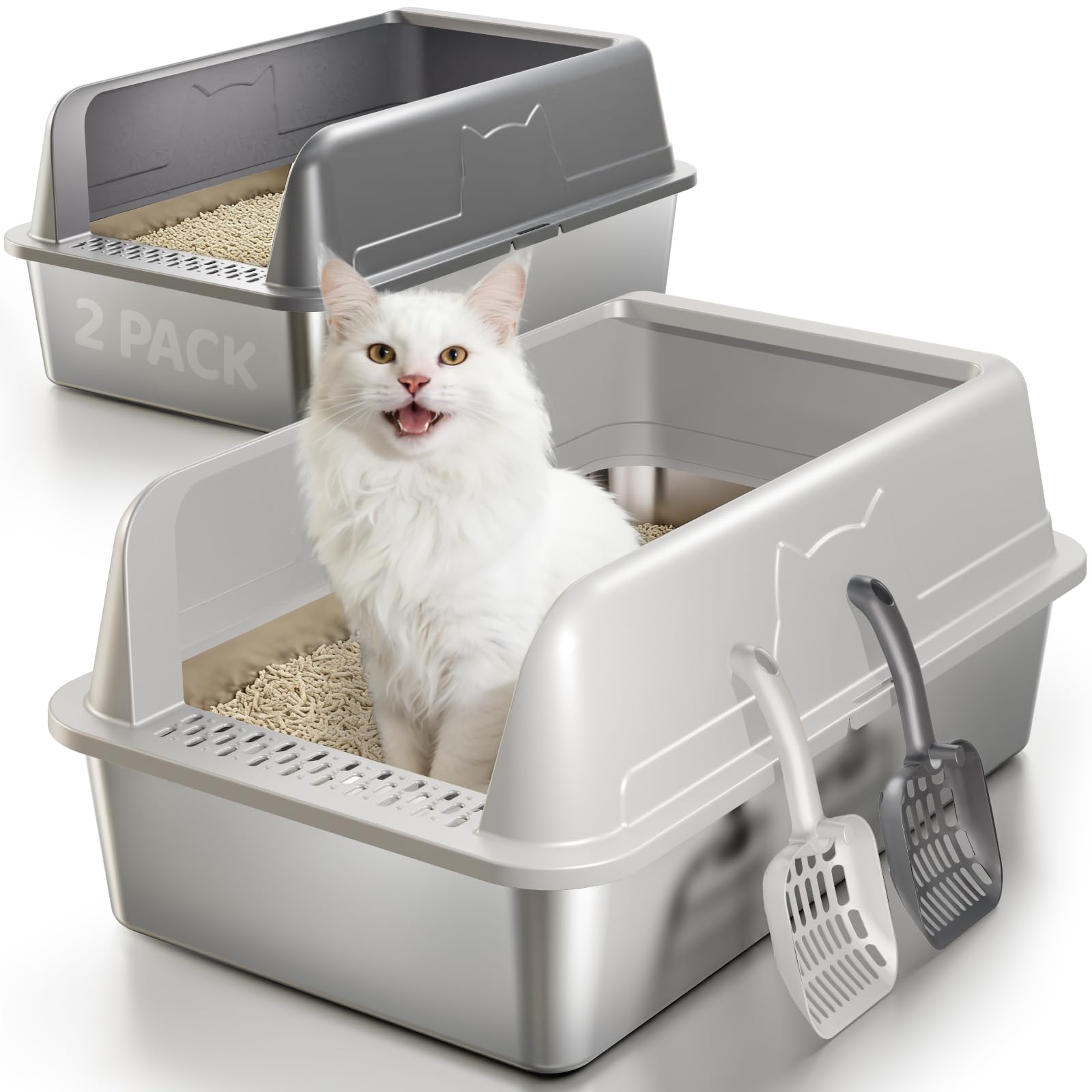 2 Pack Stainless Steel Cat Litter Box with Lid, Large Metal Litter Pan