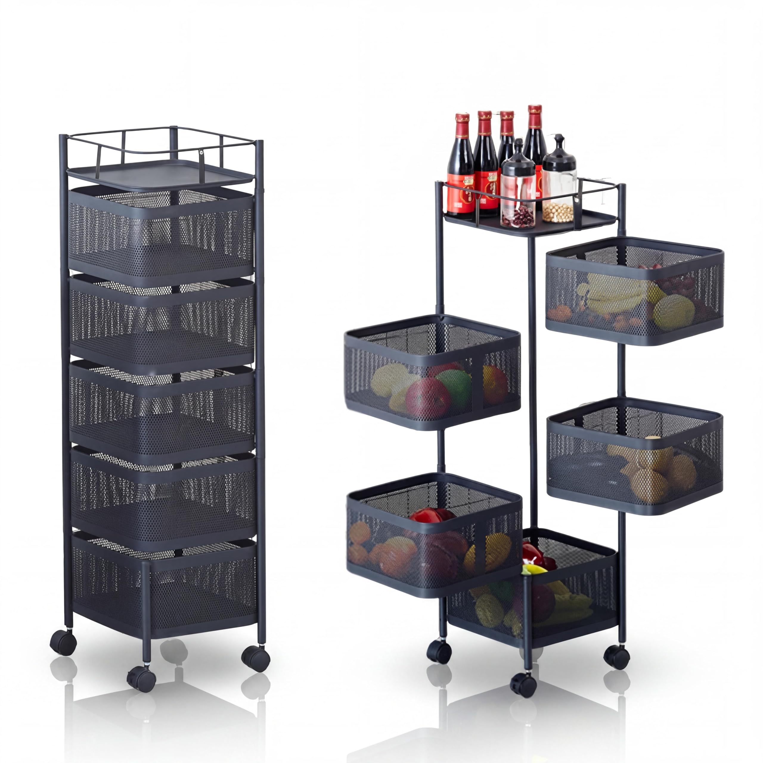 5 Rotating Kitchen Storage Rack, Rotating Rolling Storage Car with Metal Mesh Baskets, Lockable Wheels and Top Handle, Fruit and Vegetable Storage Cart for Pantry, Bathroom, Black