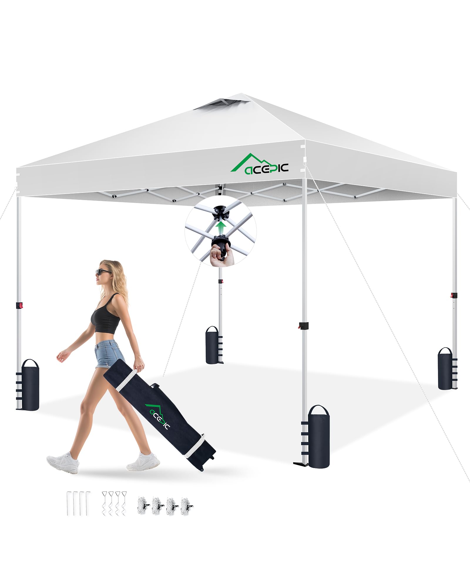 Acepic 10x10 Pop Up Canopy Tent, Easy Setup White, 10 * 10S