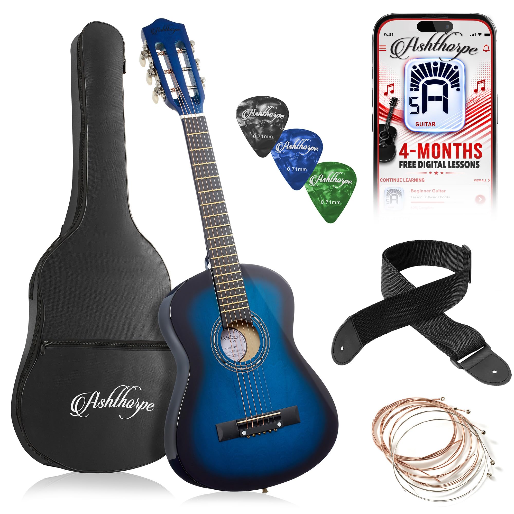 Ashthorpe 30-inch Kids Acoustic Guitar (Blue), Beginner Starter Kit with Gig Bag, Extra Strings, Strap, Picks, and Lessons