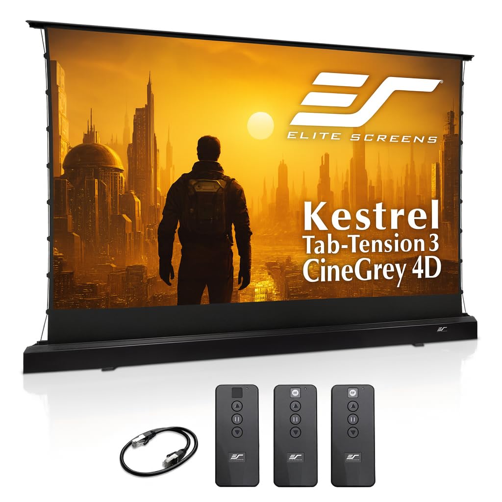 Elite Screens Kestrel Tab-Tension Pro CineGrey 4D, 150" Diag. 16:9, Standard Throw Ceiling Ambient Light Rejecting (CLR/ALR) Tab-Tensioned Electric Floor-Rising Projector Screen, FTE150H3-C4D