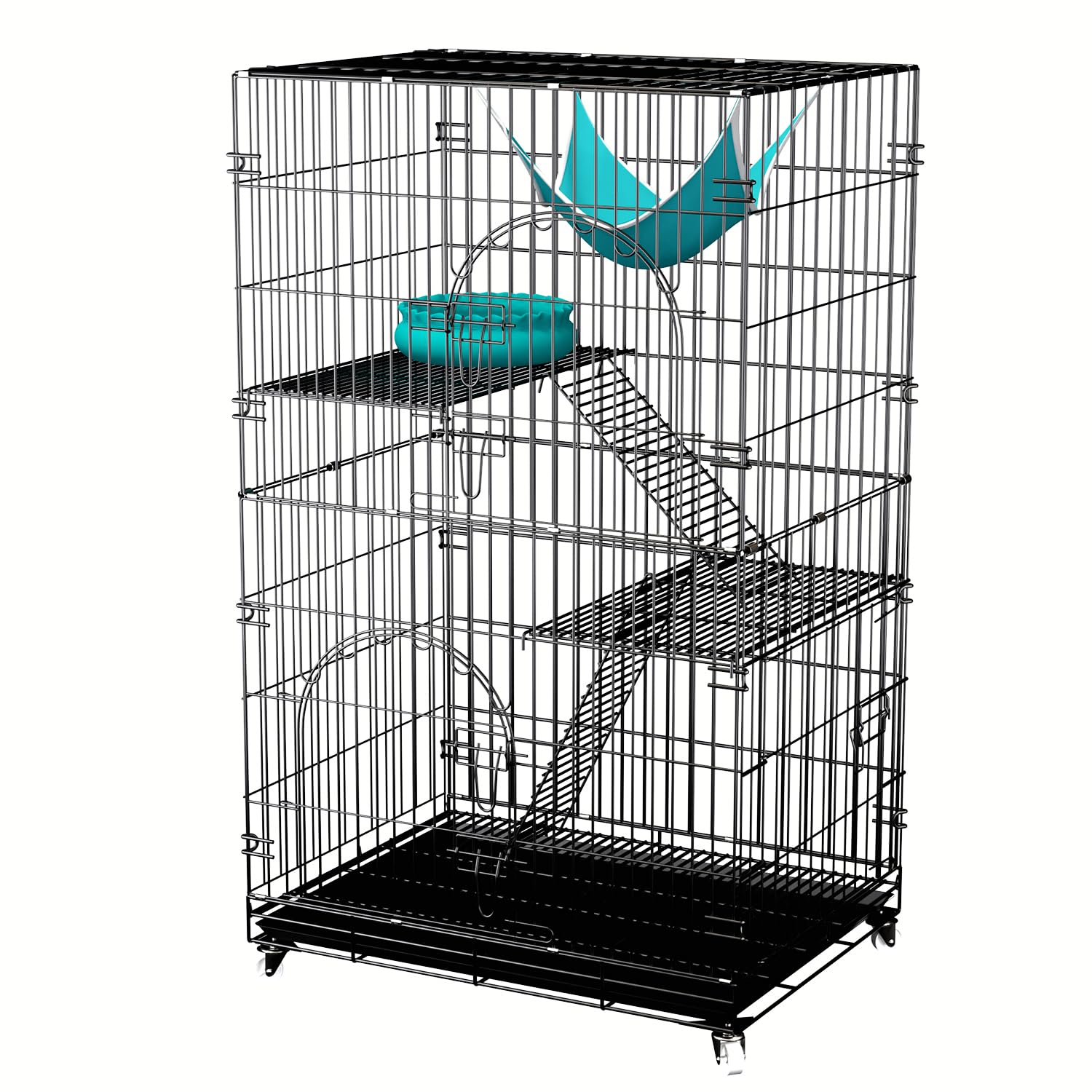 3 Tiers Cat Cage Playpen Crate 45 Inch Cat Enclosure Metal Cage Indoor Outdoor with 2 Doors & 1 Hammock &2 Ladder Suitable for Pet Cat,Ferret,Bunny and Chinchillas