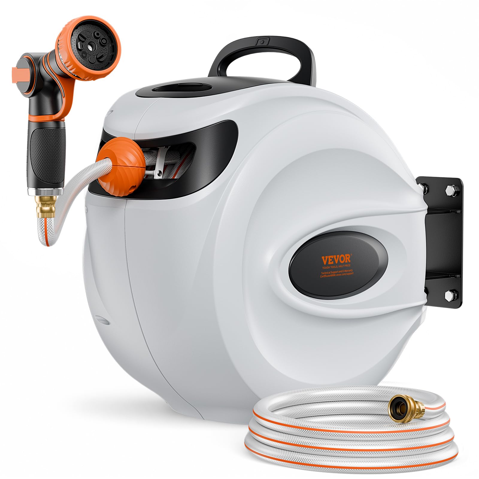VEVOR Retractable Hose Reel, 100 ft x 1/2 inch, 180degree Swivel Bracket Wall-Mounted, Garden Water Hose Reel with 9-Pattern Nozzle, Automatic Rewind, Lock at Any Length, and Slow Return System