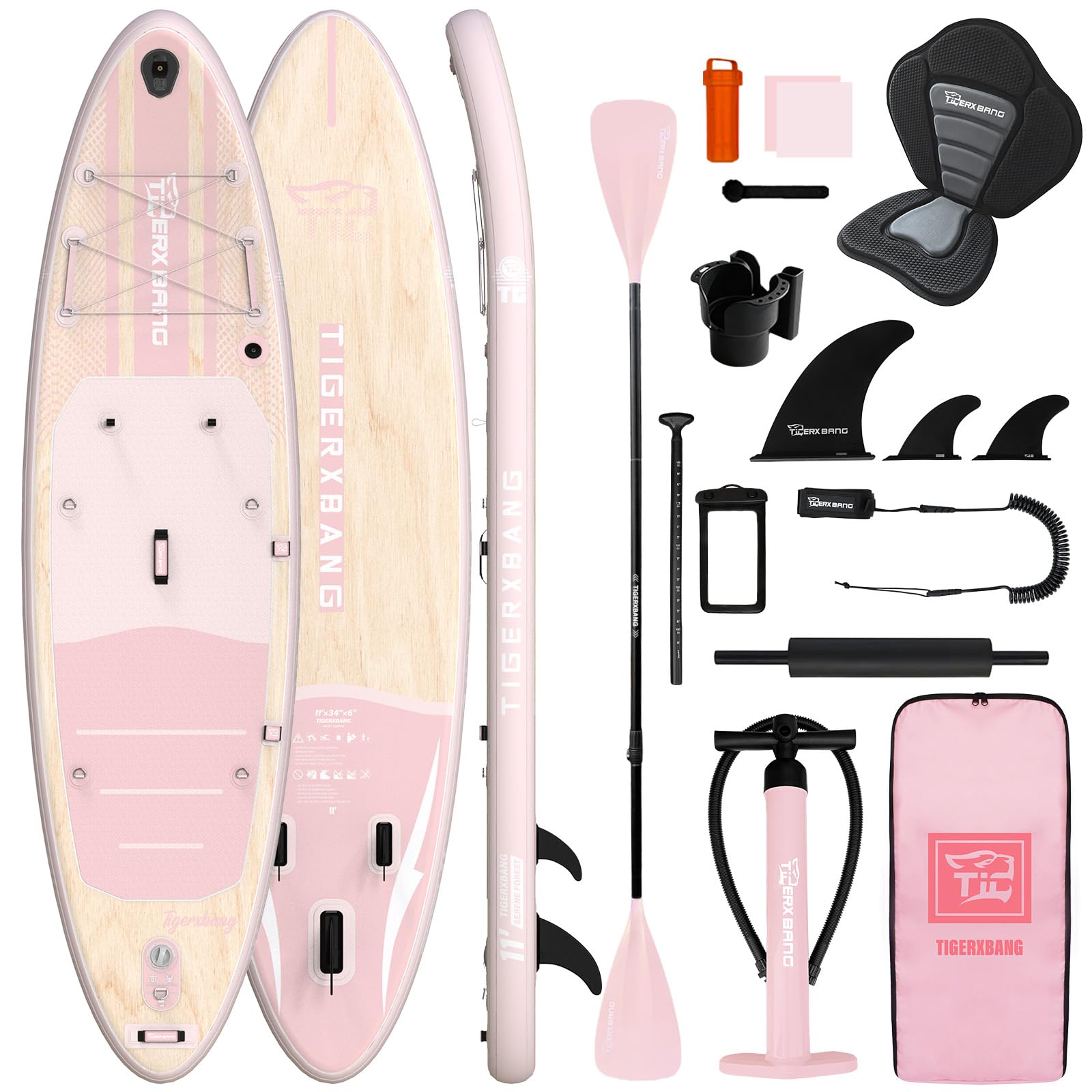 TIGERXBANG Inflatable Stand Up Paddle Board with SUP Board Accessories, Anti-Slip EVA Deck, 11'/10'6'' Paddleboard for Adults & Youth - All Skill Levels (Pink, 11')