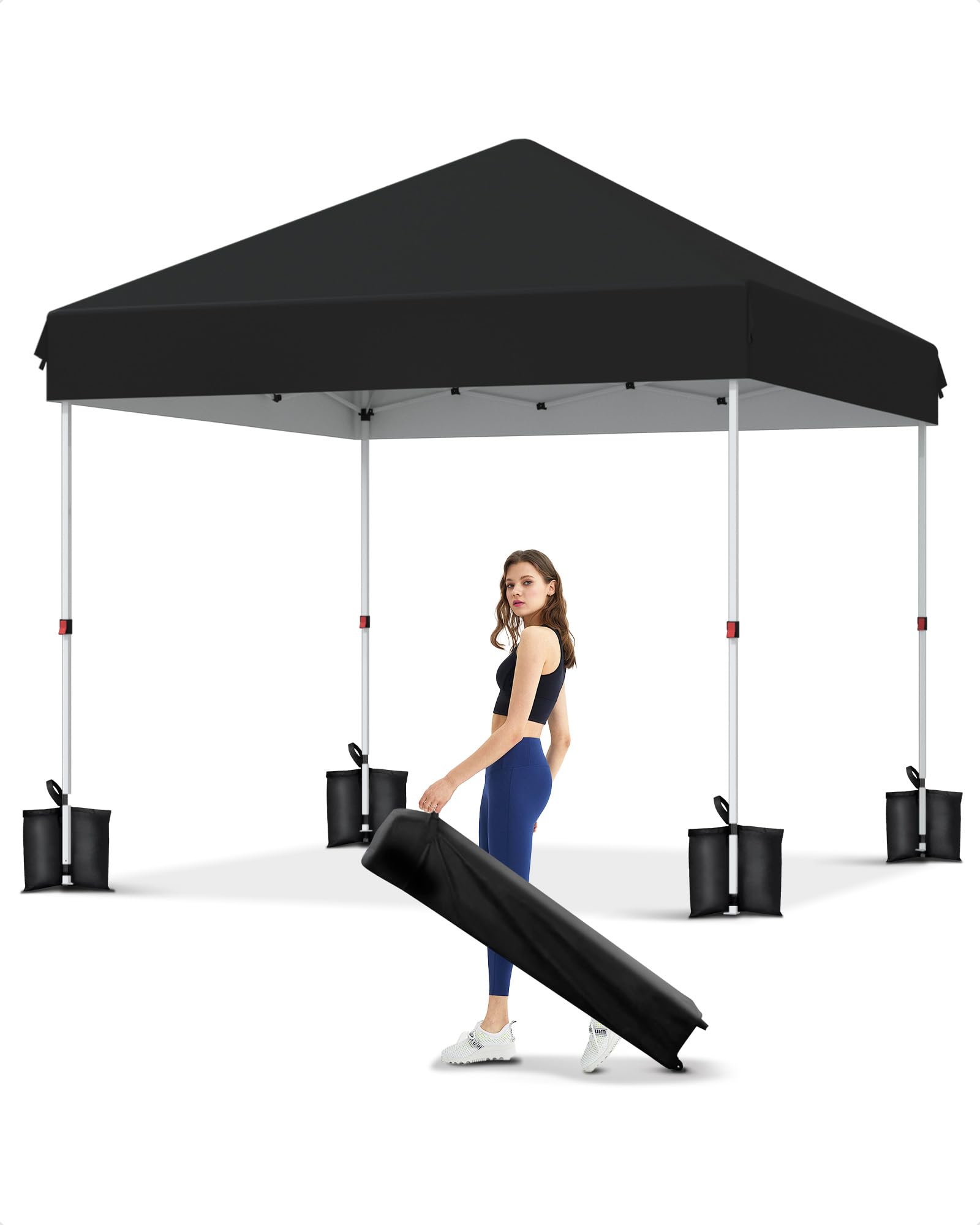 Garvee 10x10 Pop Up Canopy, Beach Ten with One Push Setup, Reinforced Frame, Outdoor Easy Up Canopy Tent with Portable Roller Bag, 3 Adjustable Height, Sandbags, Silver Coated Top, Black