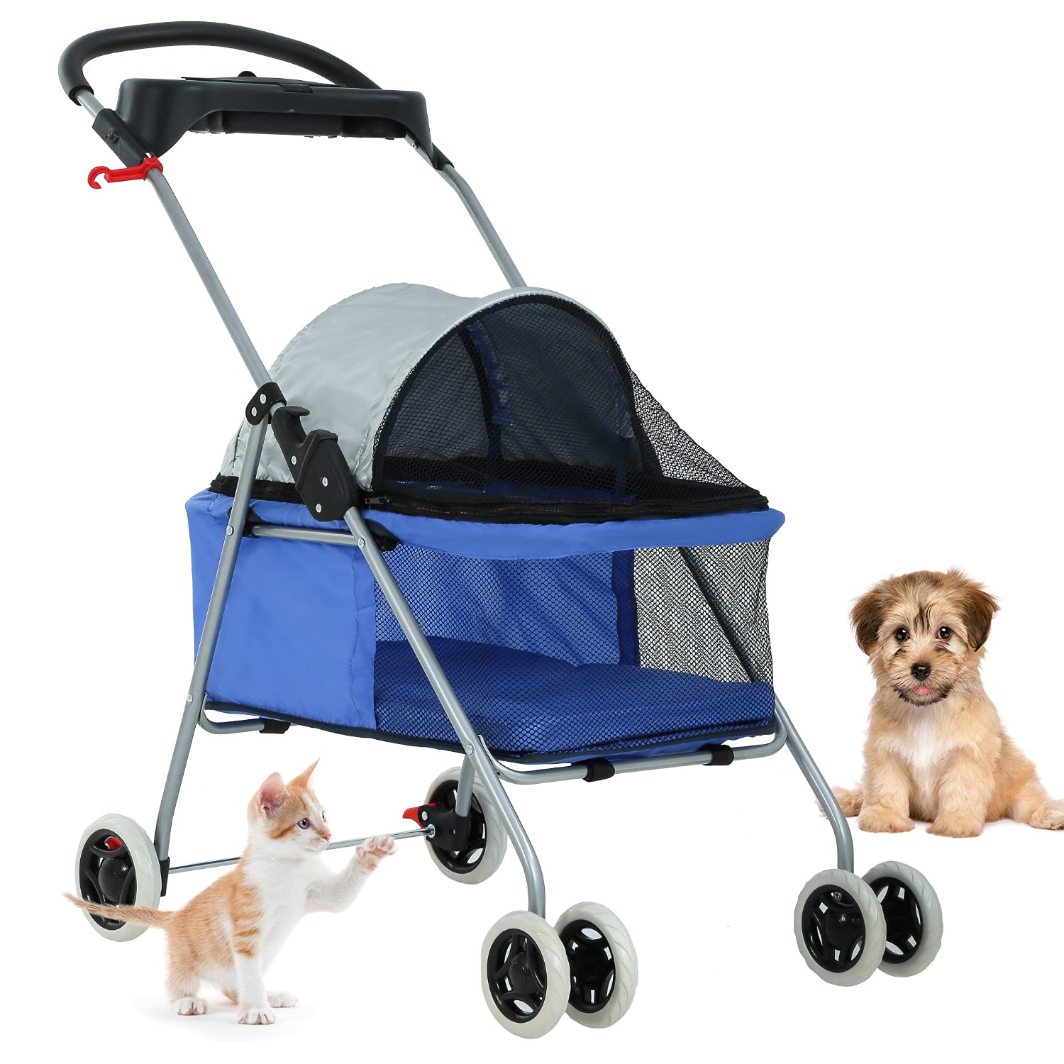 BestPet Pet Stroller 4 Wheels Posh Folding Waterproof Portable Travel Cat Dog Stroller with Cup Holder (Blue)