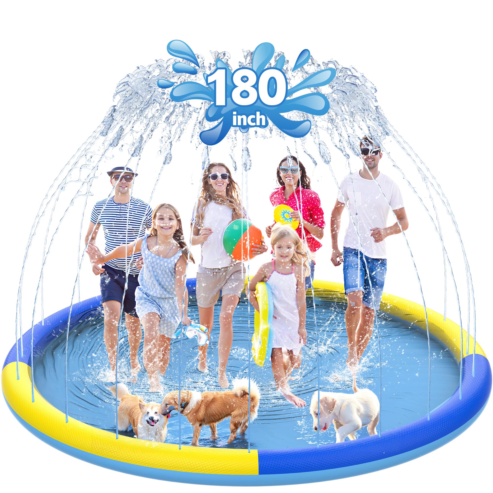 CACSPS 180" Non-Slip Splash Pad for Kids and Dog, Thicken Sprinkler Pool Summer Outdoor Water Toys, Extra Large Backyard Wading Pool for 3+ Children Boys & Girls or Pet Dog (Blue&Yellow)