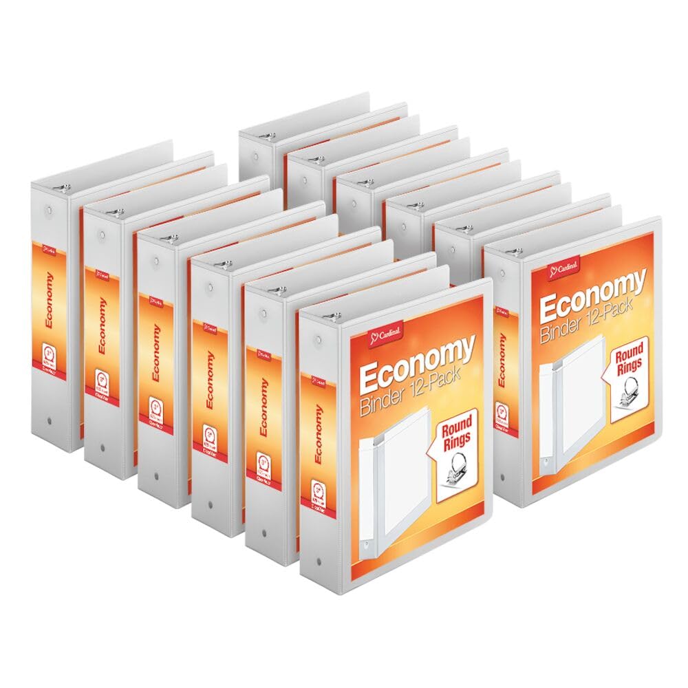 Cardinal Economy 3-Ring Binders, 3", Round Rings, Holds 625 Sheets, ClearVue Presentation View, Non-Stick, White, Carton of 12 (90651)