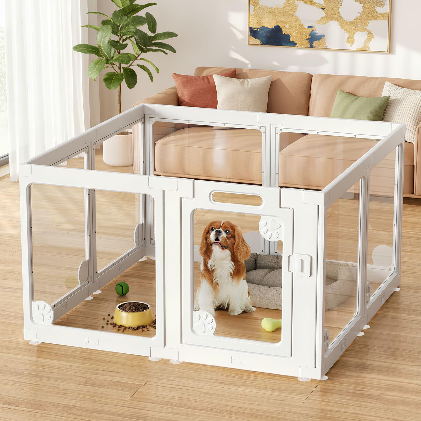 Clear Acrylic Dog Play Pen Indoors, Transparent Puppy Playpen with Door for Small Dogs Puppies, Modular Plastic Pet Playpen Cage Fence Crate for Cat Kitten Rabbit (White, 24 Inch Tall - 8 Panels)