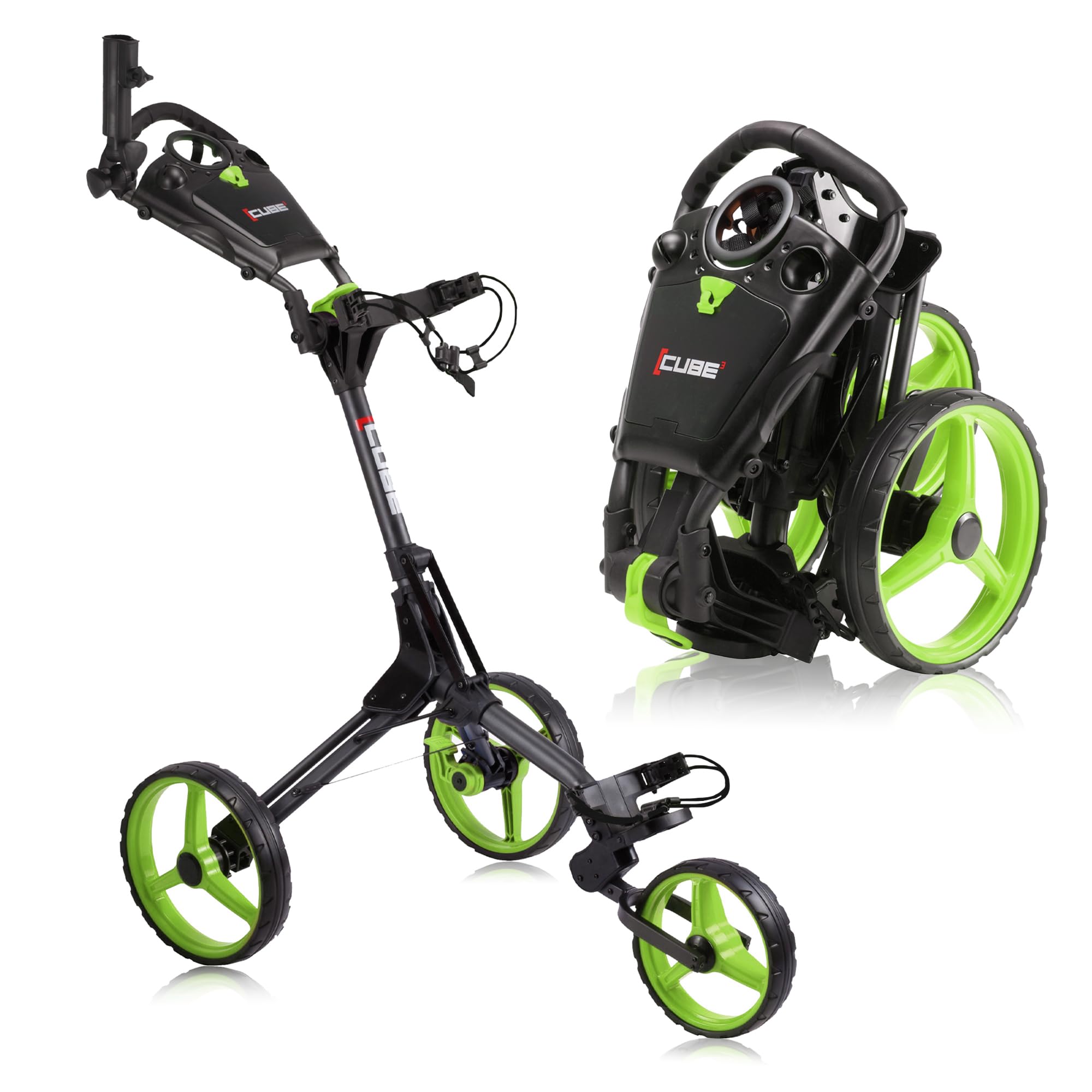 Cube Cart 3 Wheel Golf Push Cart - Smallest Folding Lightweight Two Step Open/Close With Adjustable Handle & Foot Brake - Free Umbrella Holder Included