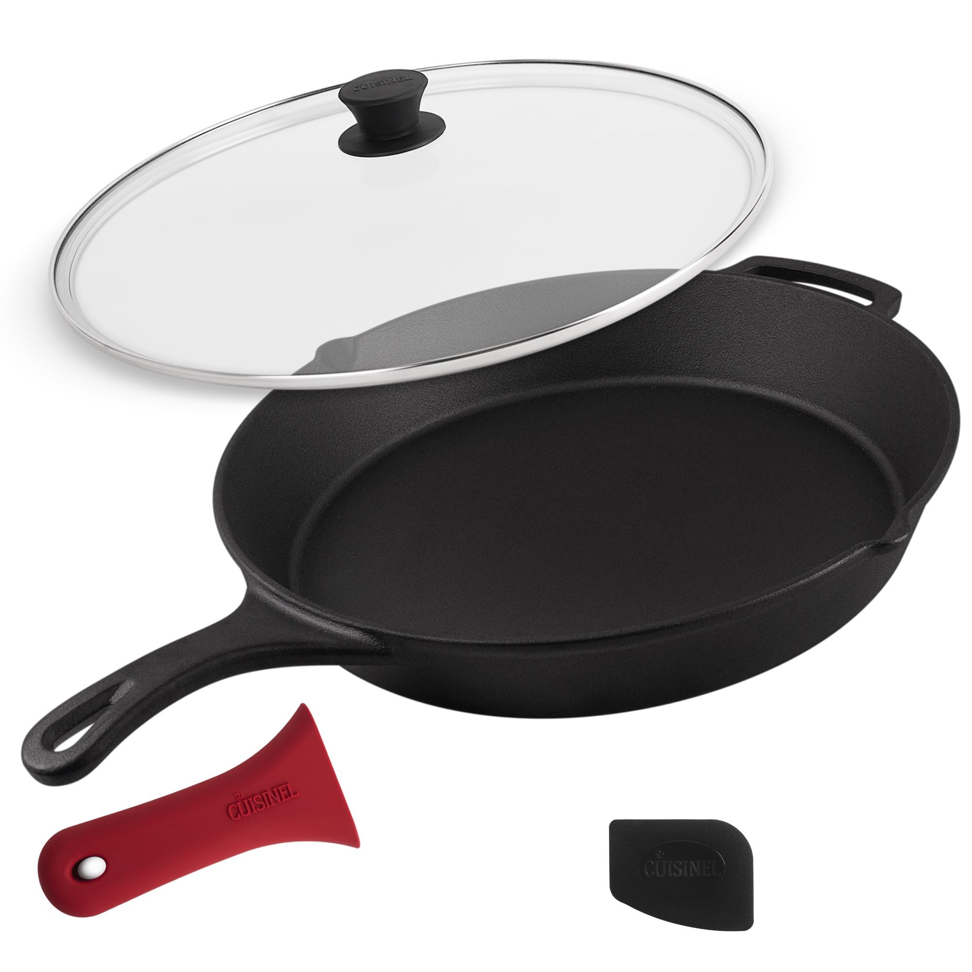 Cuisinel 15" Cast Iron Skillet + Glass Lid Cover + Black Pan Scraper + Silicone Handle Grip Cover - Pre-Seasoned Kitchen Cookware - Indoor/Outdoor - Camping, Grilling, BBQ, Oven Use