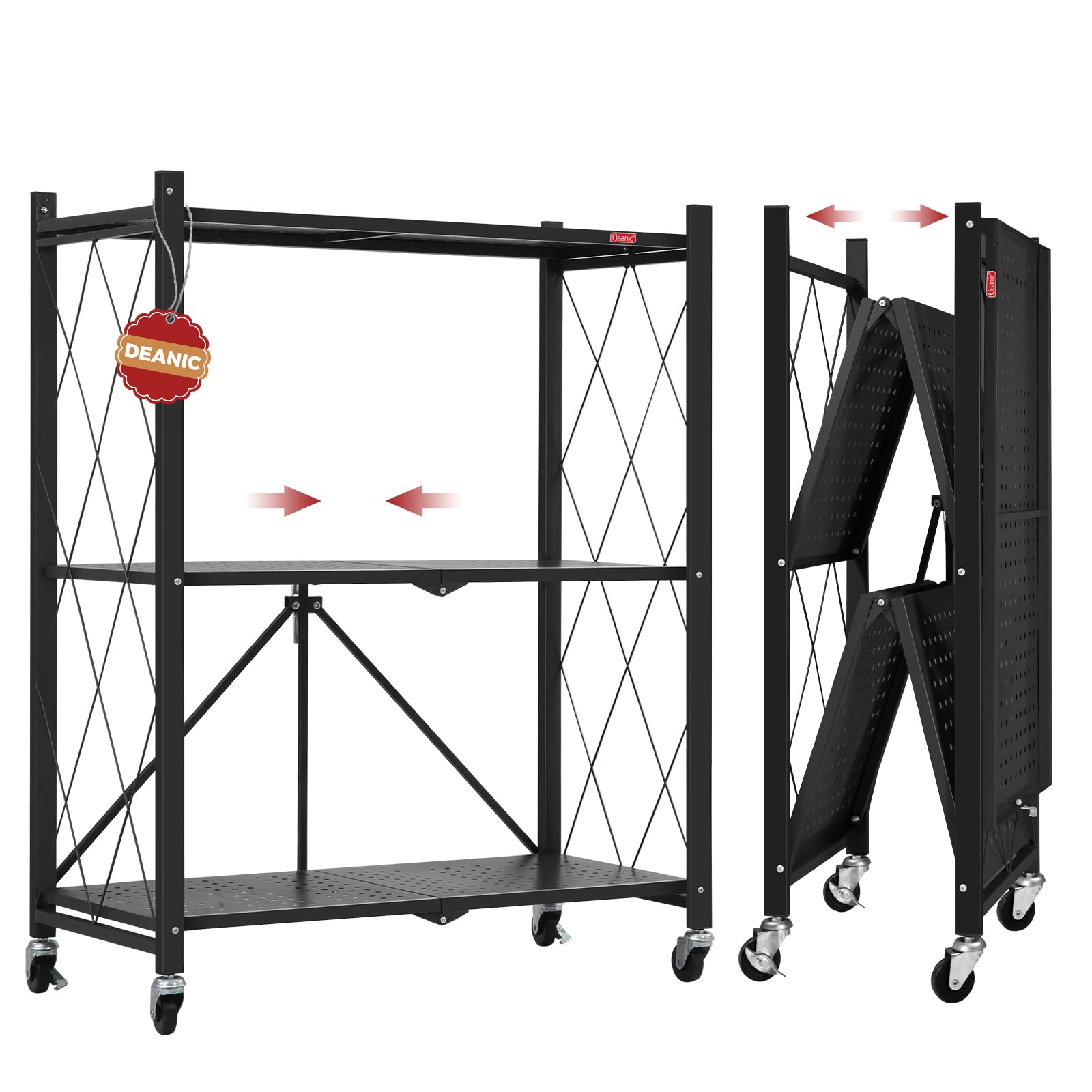 DEANIC 3-Shelf Foldable Storage Shelves with Wheels,No Assembly Microwave Stand, Metal Shelving Units Storage for Garage,Kitchen,Living Room,Basement,Pantry,Entryway,Laundry Closet,Black