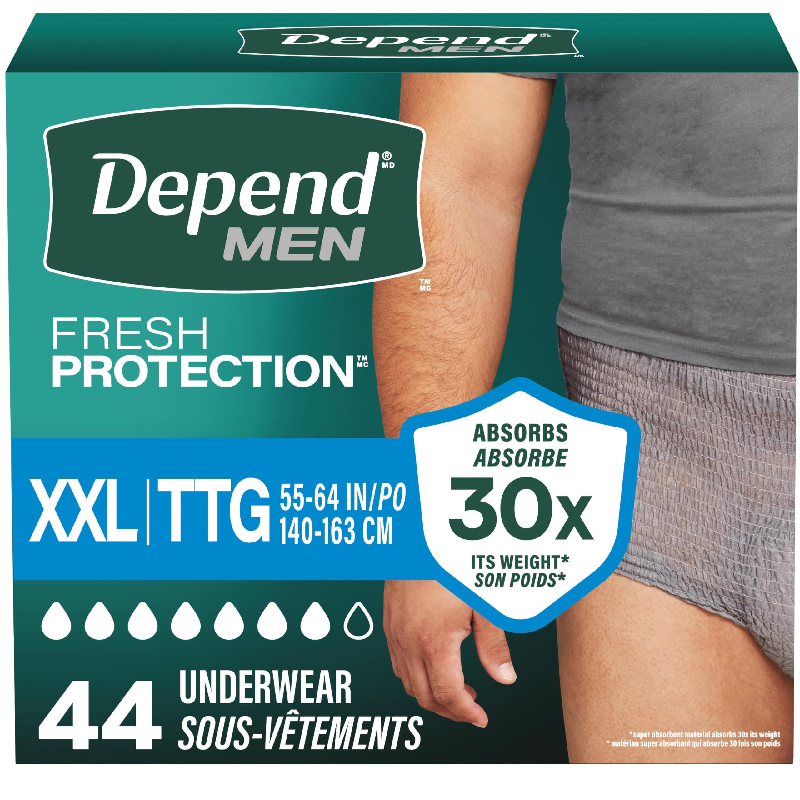 Depend Fresh Protection Adult Incontinence Underwear for Men (Formerly Depend Fit-Flex), Disposable, Maximum, Extra-Extra-Large, Grey, 44 Count (2 Packs of 22)