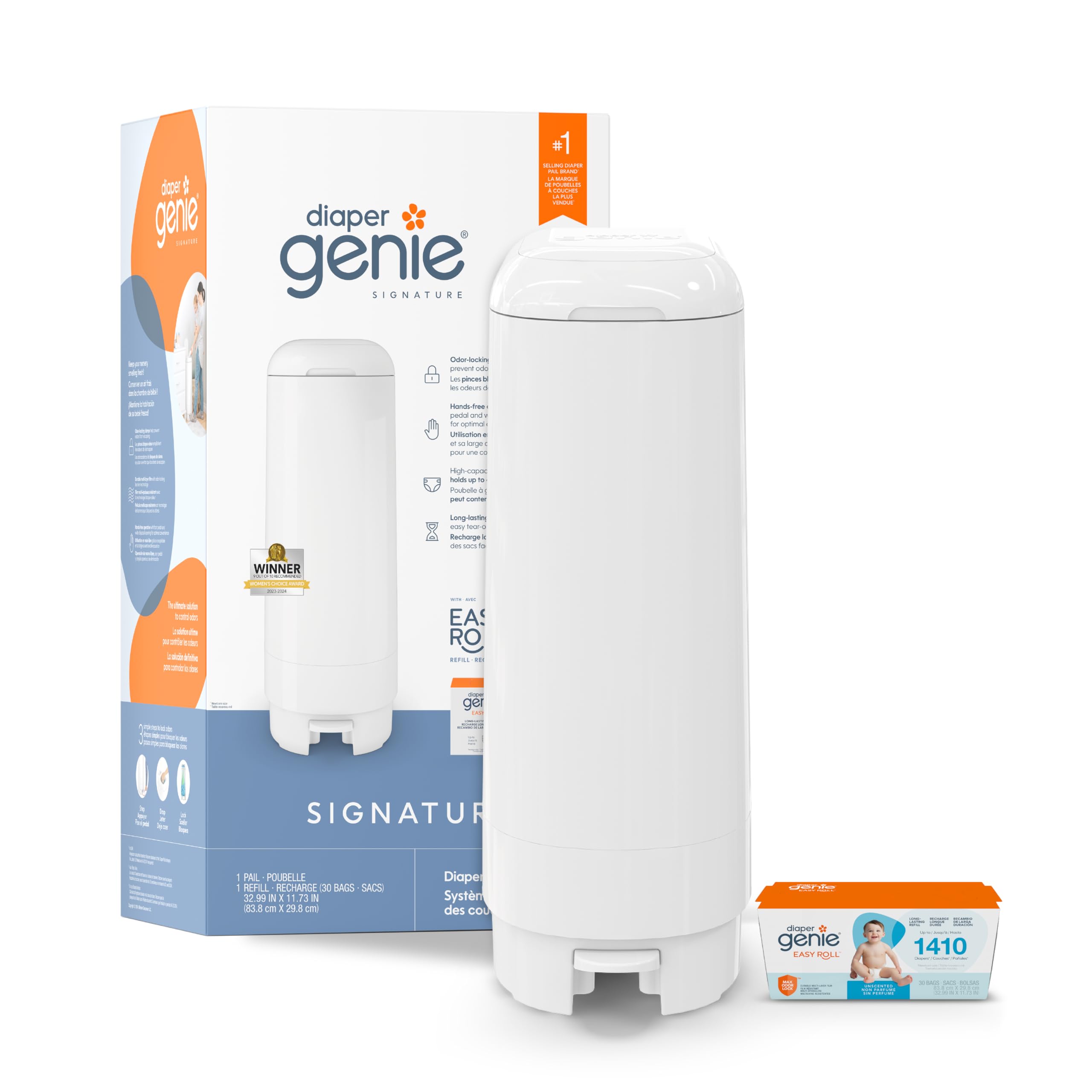Diaper Genie Signature Diaper Pail, Easy Roll Refill, 30 Bags, White