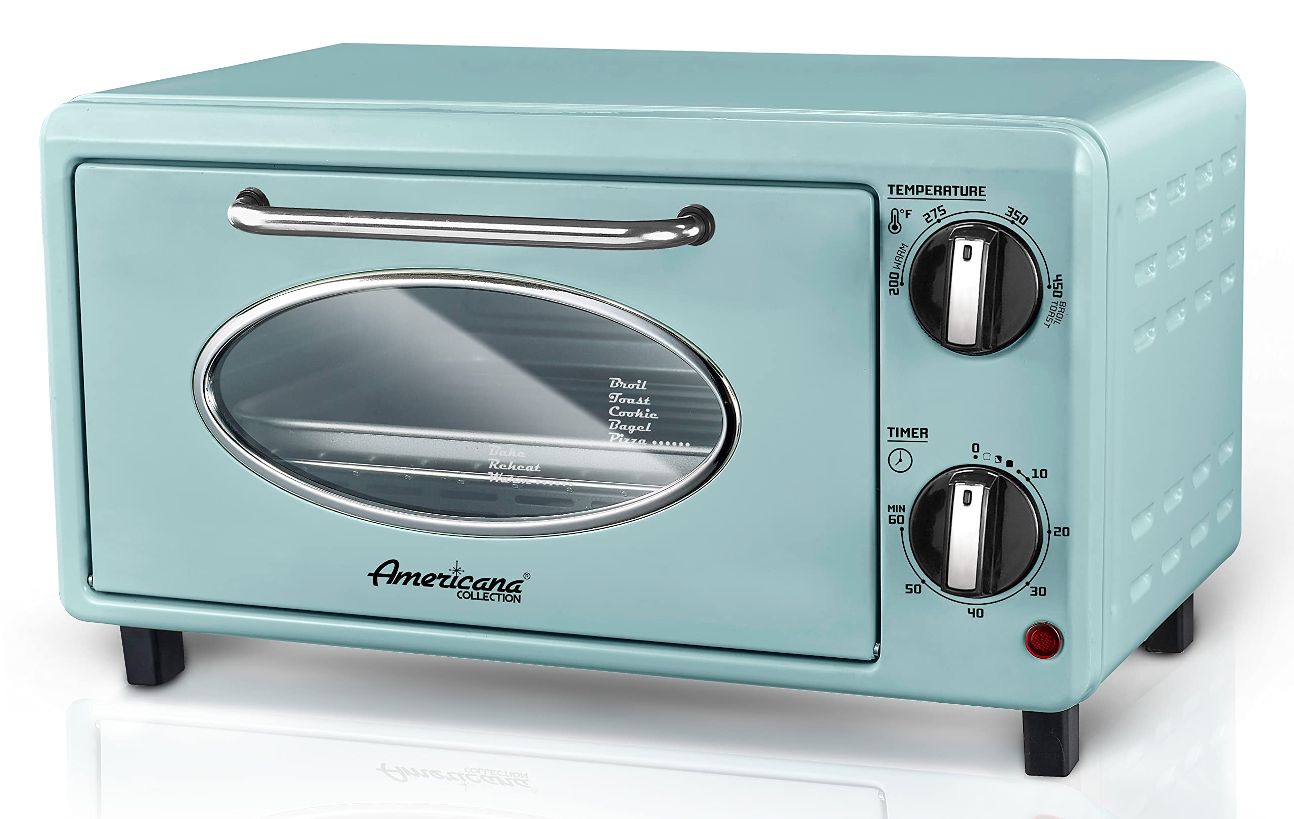 Elite Gourmet by Maximatic Americana Collection ETO147M Diner 50s Retro Countertop Toaster oven, Bake, Toast, Fits 8 Pizza, Temperature Control & AdjCatable 60-Minute Timer 1000W, 2 Slice, Mint