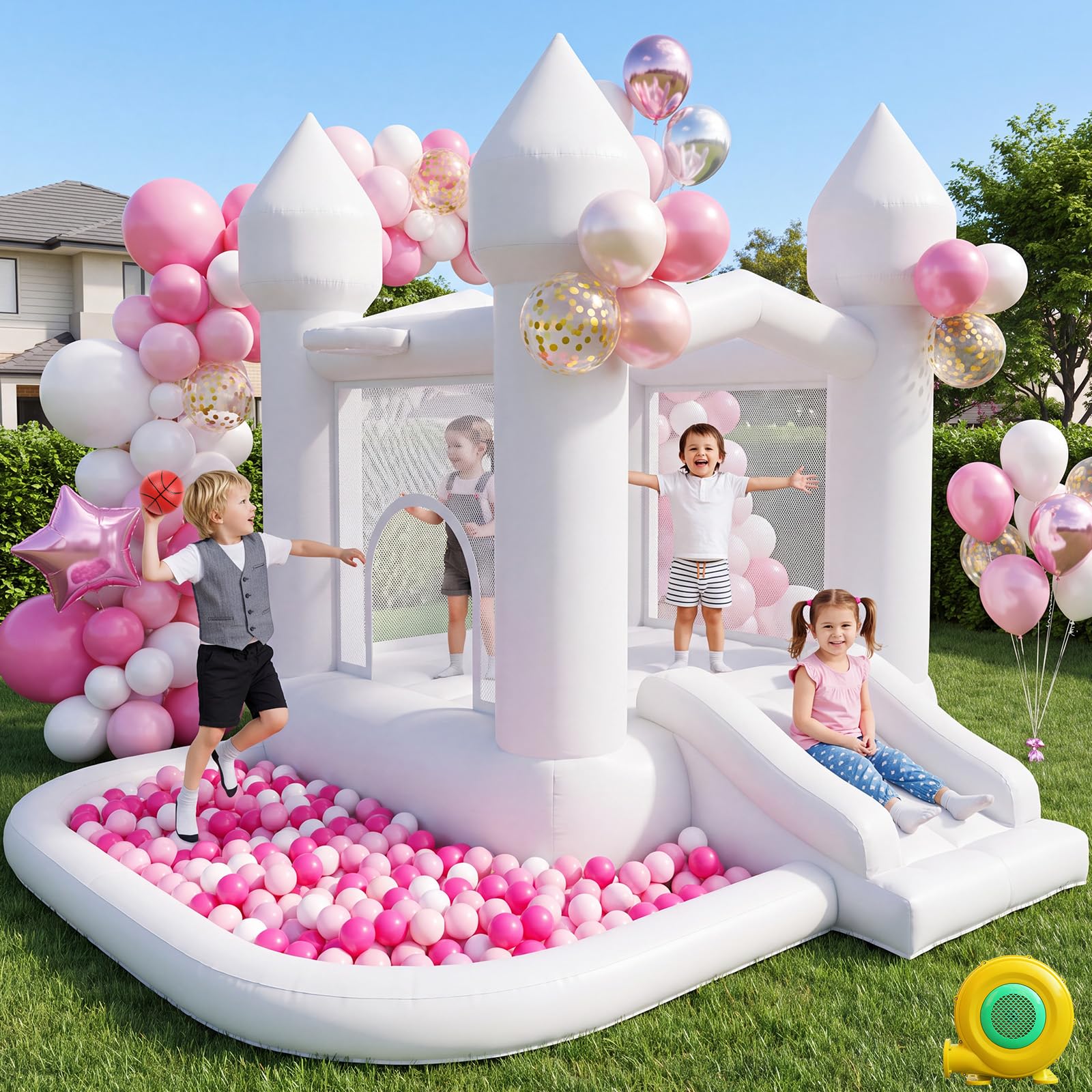 FBSPORT White Inflatable Bounce House, Bouncy Castles for Kids
