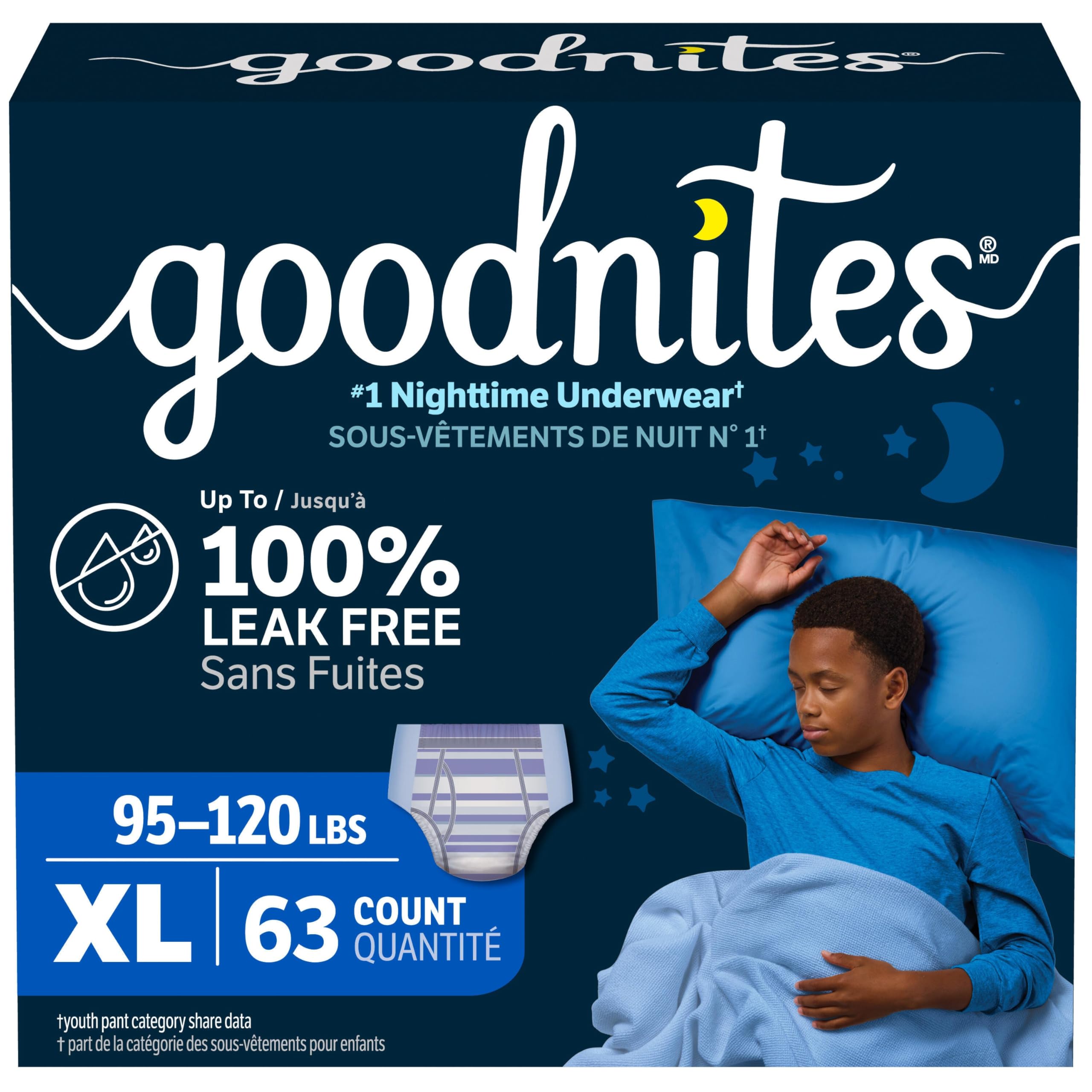 GoodNites Boys' Nighttime Underwear, Extra Large (95-120 lbs), 63 Ct