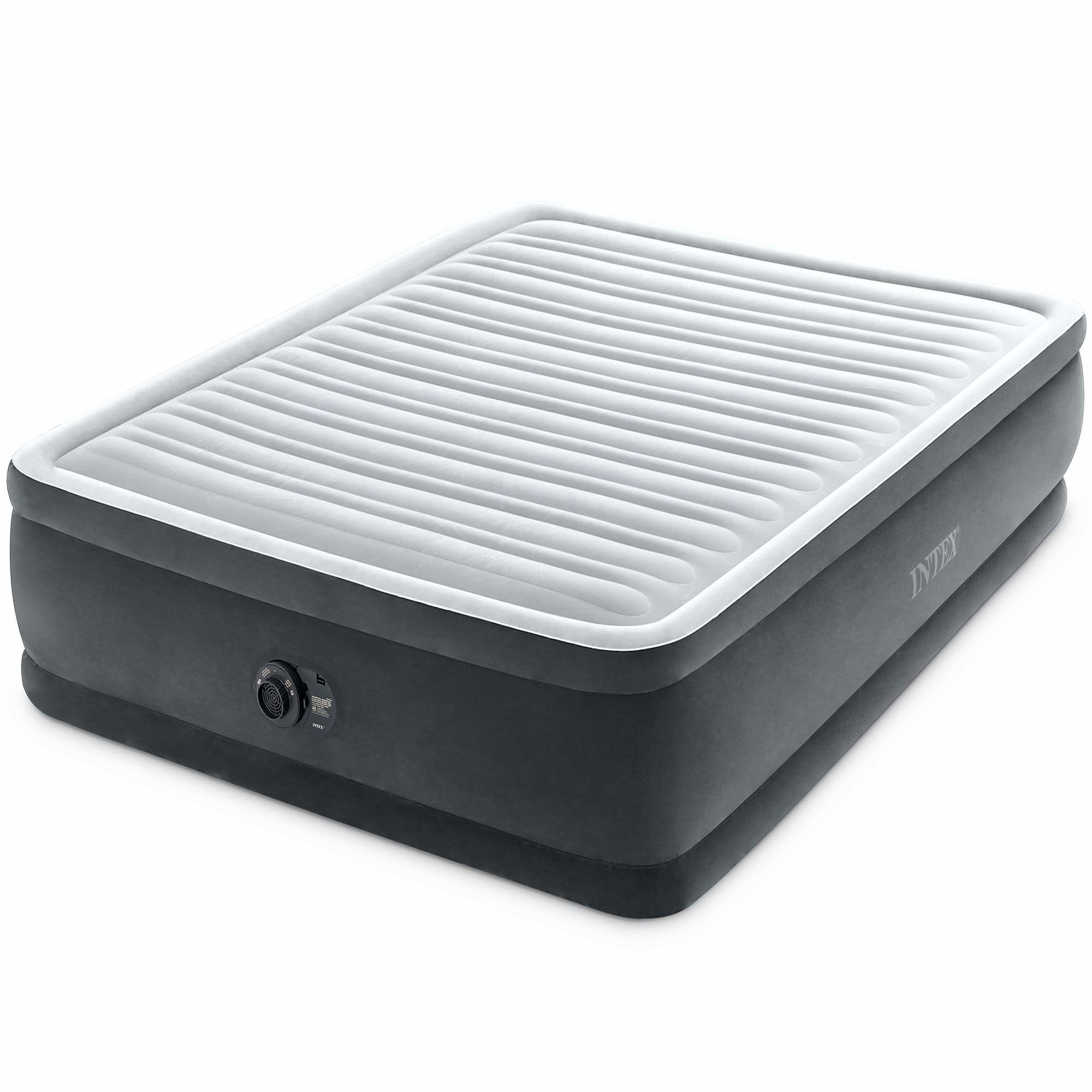 INTEX 64413ED Dura-Beam Deluxe Comfort-Plush Elevated Air Mattress: Fiber-Tech ? Queen Size ? Built-in Electric Pump ? 18in Bed Height ? 600lb Weight Capacity