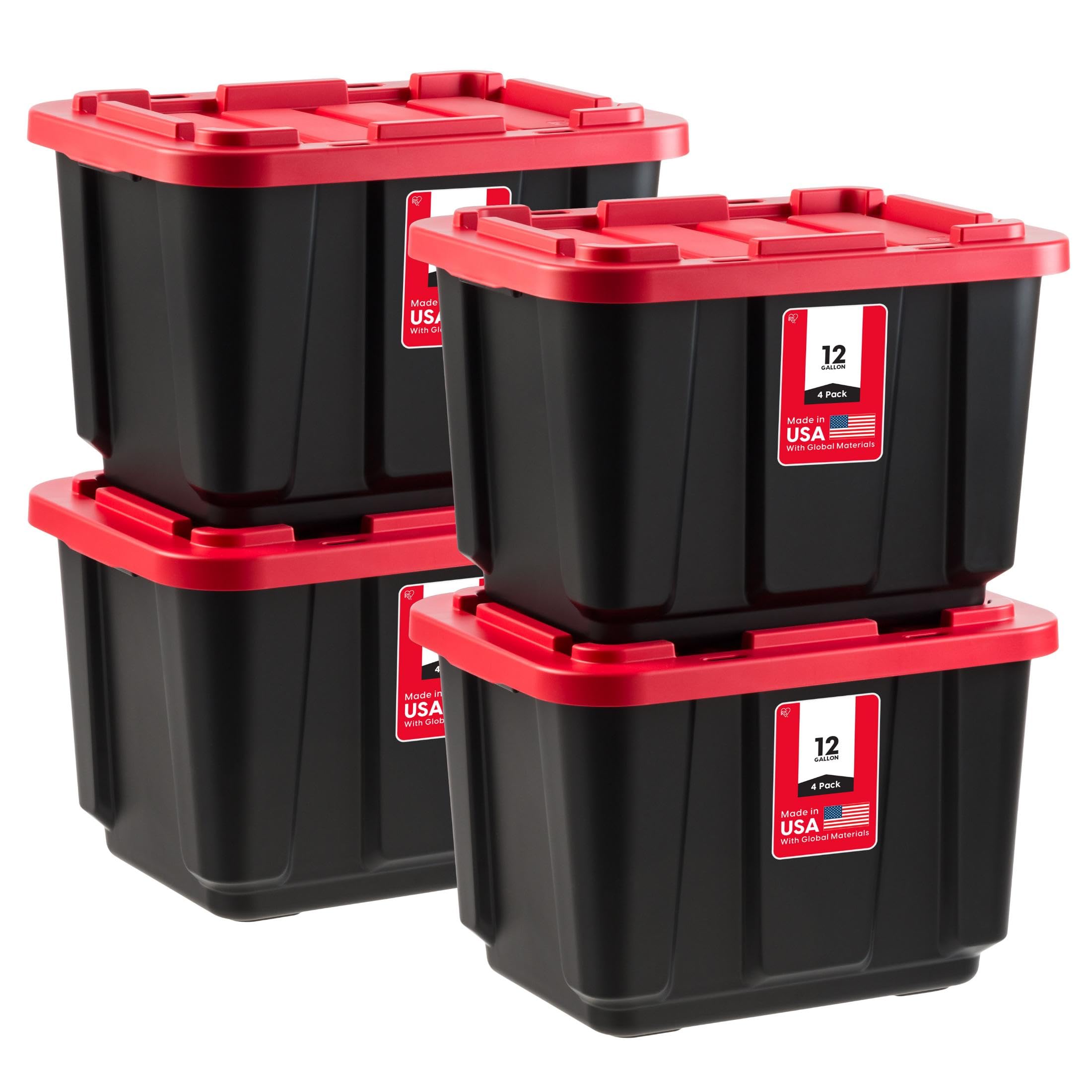 IRIS USA 4-Pack 12 Gal Heavy Duty Storage Tote Bins with Lids, Red