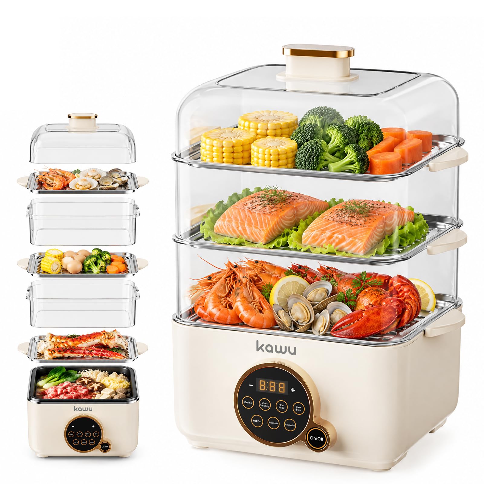 Kawu Electric Steamer for Cooking, 4-Tier Food Steamer with Hot Pot, 16Qt
