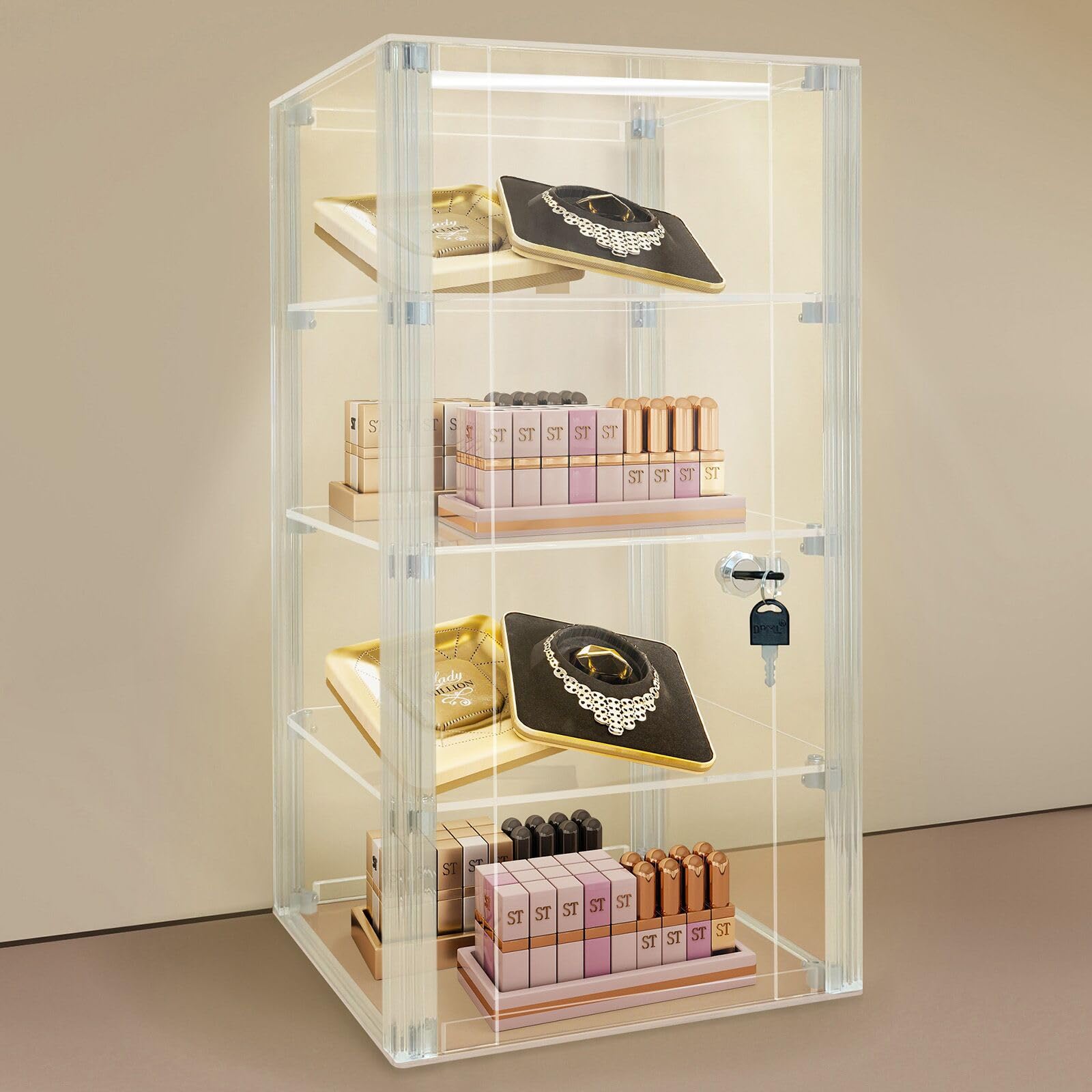 NONEMEY Acrylic Display case with Lock,4 Tier Lockable Security Display Case, Dustproof Protection Countertop Organizer Box for Collectibles (4Tier 9.8Ã—9.8Ã—18.5inchï¼›25Ã—25Ã—48cm)