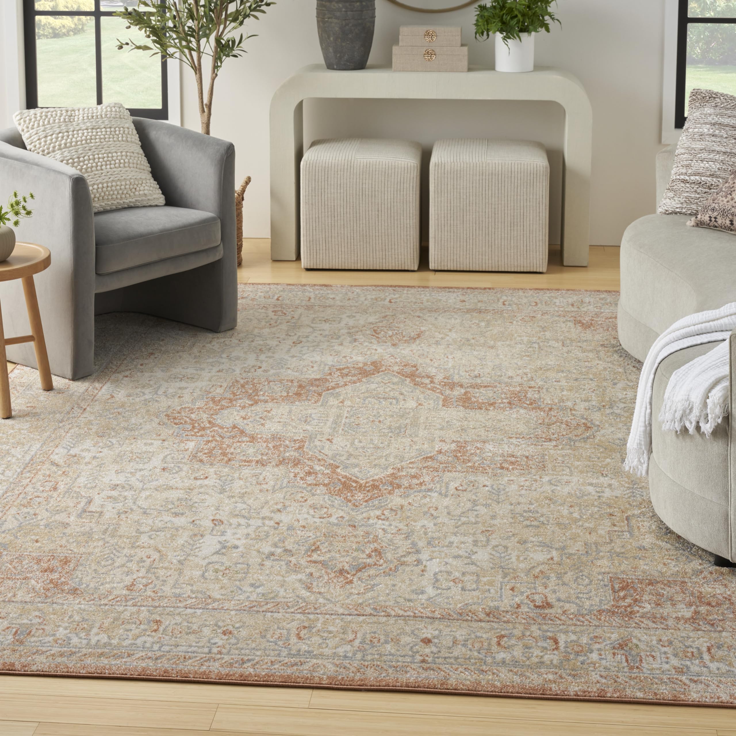 Nourison Essentials Indoor/Outdoor Distressed Beige Rust 6' x 9' Area Rug, Non Shedding, Bed Room, Living Room, Dining Room, Kitchen (6x9)