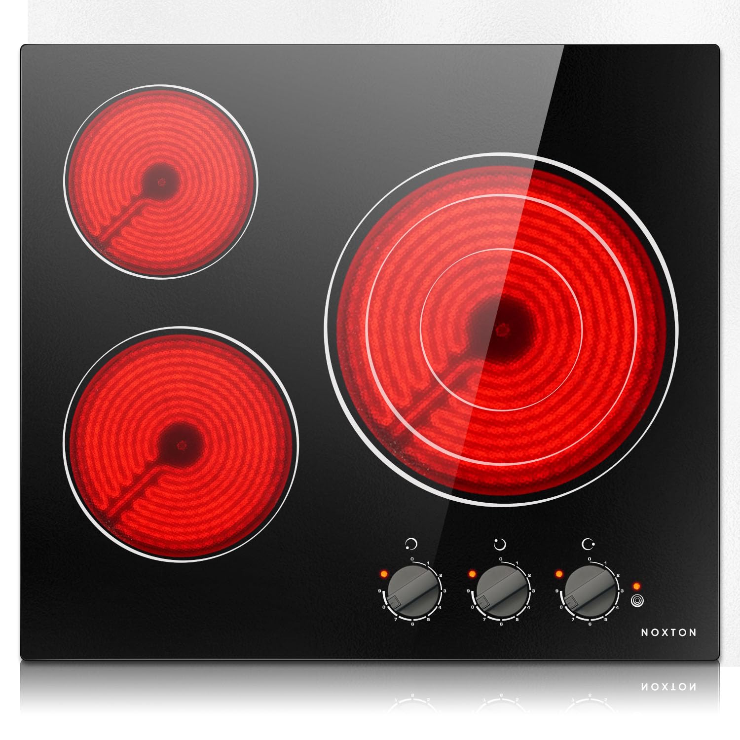 Noxton 3 Burner Electric Cooktop 24 Inch Electric Stove Top, Built-in 24" Radiant Electric Ceramic Cooktop with Knob Control, 9 Power Level, Hot Surface Indicator, 240v,5700W, Hard Wire