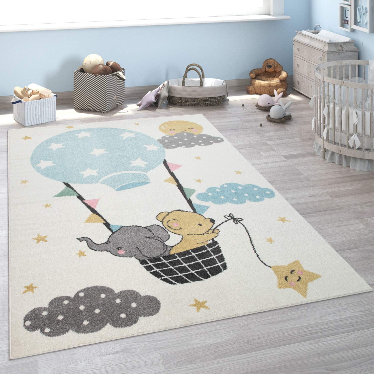 Paco Home Kid's Rug for Children's Bedroom with an Elephant, Bear and Balloon Motive in Beige, Size:6'7" x 9'2"