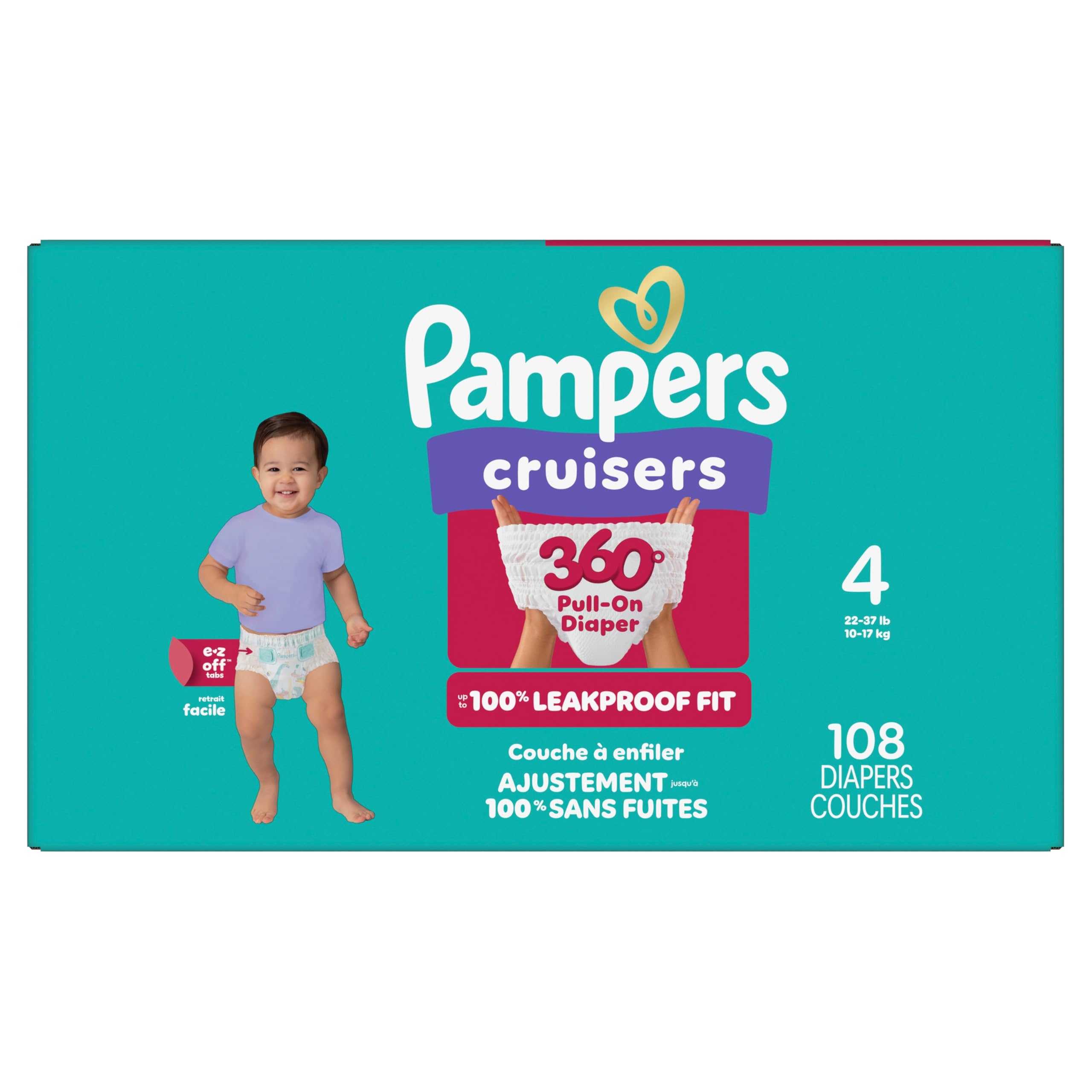 Pampers Diapers - Cruisers 360degree - Size 4, up to 100% Leakproof Fit, Designed for Active Babies, Pull On Diaper, EZ Off Tabs Designed for Easy Changes, 1 Pack (Count of 108)