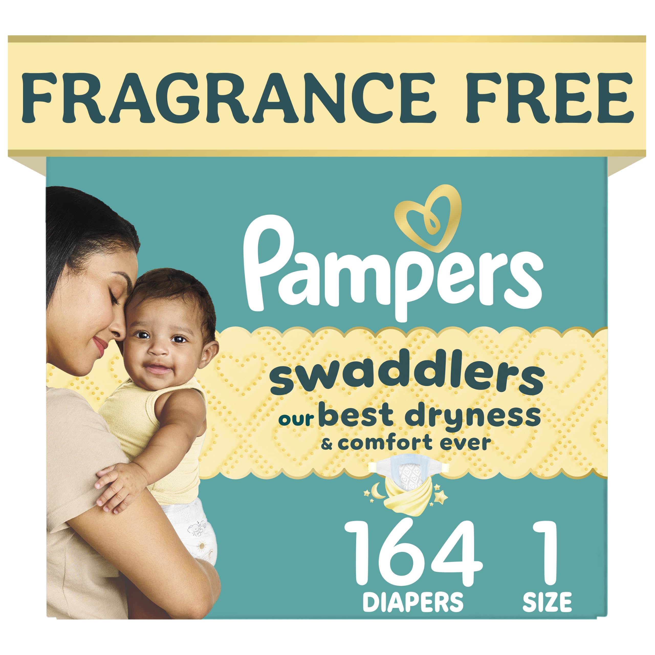 Pampers Swaddlers Diapers, Size 1 (8-14 lbs), 164 Count, Fragrance Free, Hypoallergenic, Absorbent, Pediatrician Recommended, Skin Safe