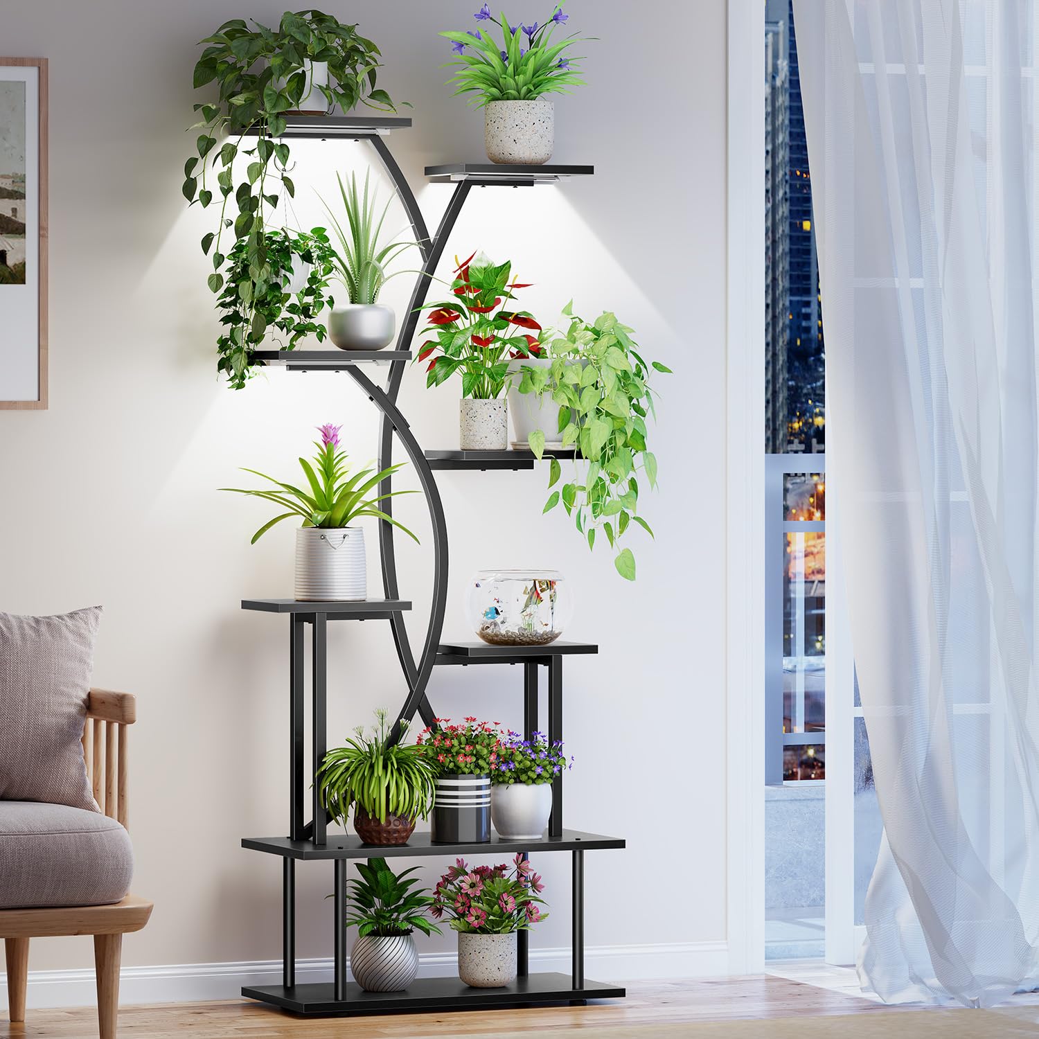 Plant Stand Indoor with Grow Lights - 8-Tier Indoor Plant Shelf, 68.11" Tall Lighted Corner Plant Stand, S-shaped Large Flower Holder for Living Room, Balcony & Patio (Black)