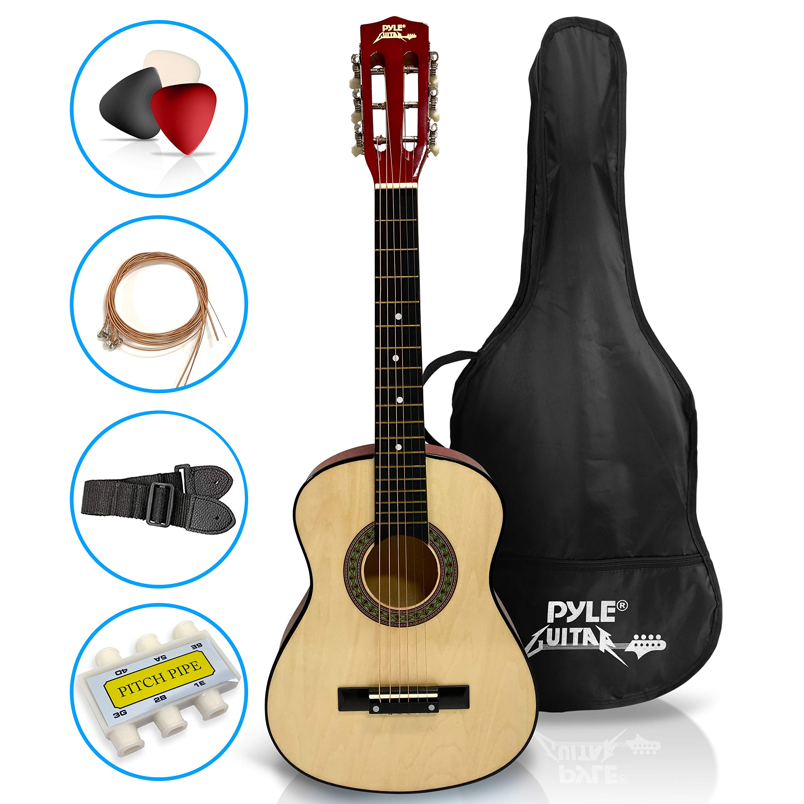 Pyle 30" Classical Acoustic Guitar Kit-1/4 Size Handcrafted Gloss Finish, 6 Steel Strings w/Gig Bag, Tuner, Picks, Strap- Beginners Kids-Right Handed