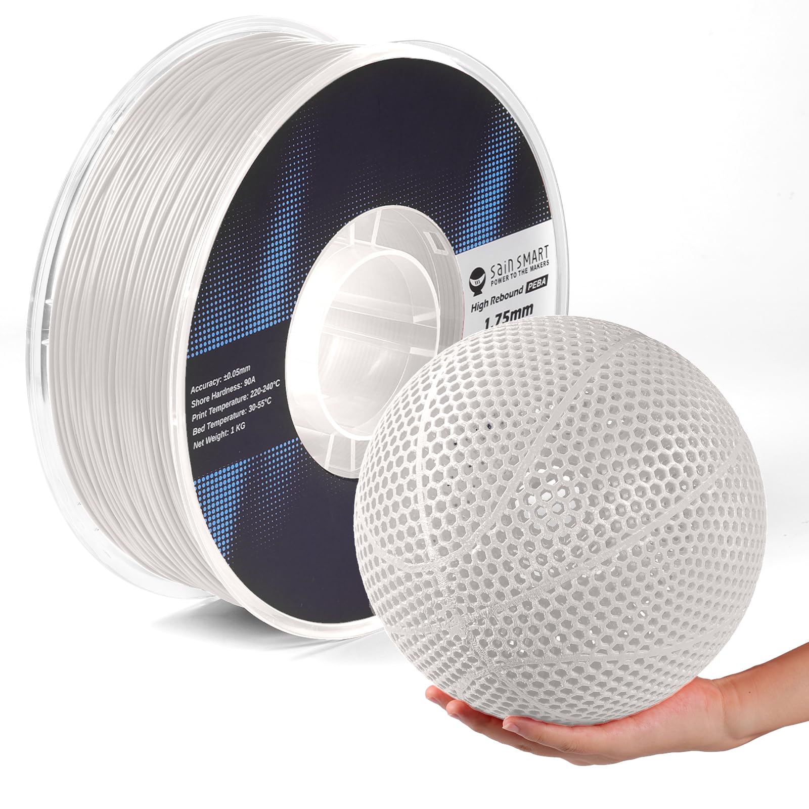 SainSmart PEBA High Rebound 90A Flexible Filament, 1KG (2.2lbs), Super TPU with 78% High Rebound, 20% Lighter & 2X Faster Printing, Nylon-Based Strength, Adjustable Flexibility, 1.75mm, White