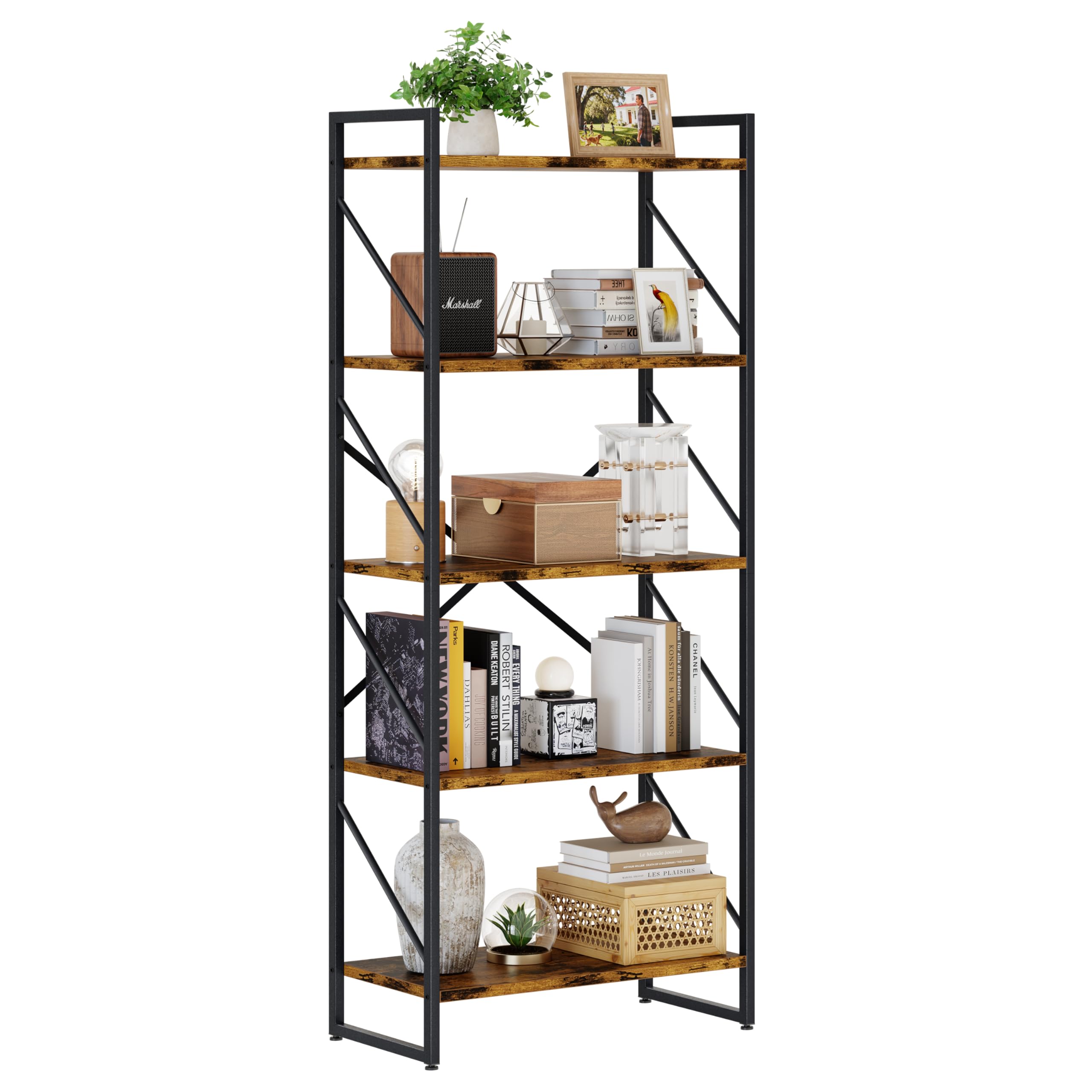 Shintenchi 5 Tiers Bookshelf, Classically Tall Bookcase Shelf,Industrial Book Rack,Modern Book Holder in Bedroom/Living Room/Home/Office, Storage Rack Shelves for Books/Movies,Rustic Brown