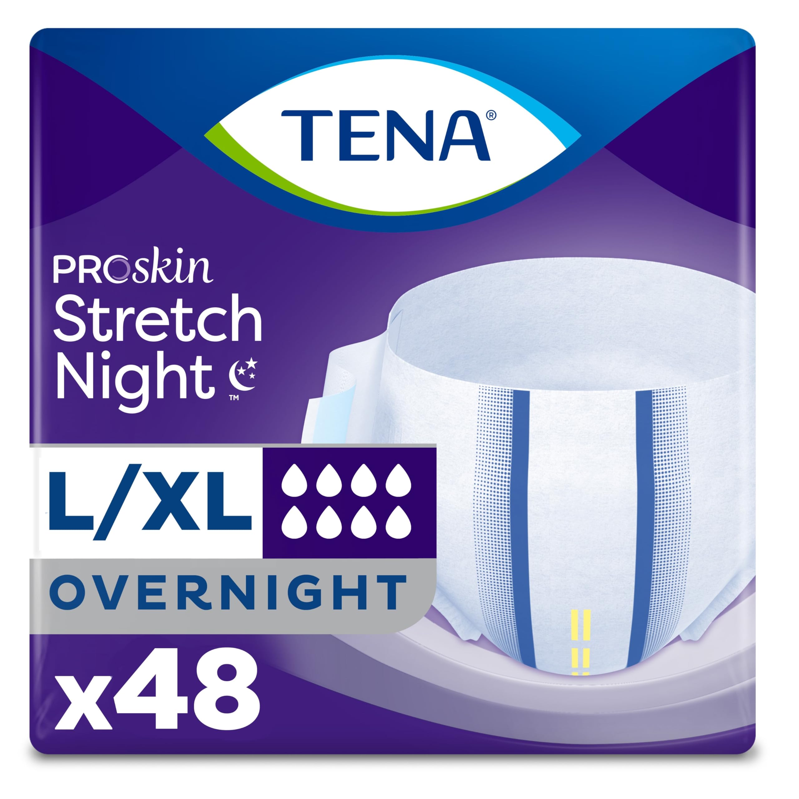 TENA Proskin Stretch Night Incontinence Briefs Overnight, Unisex, L/XL 48ct