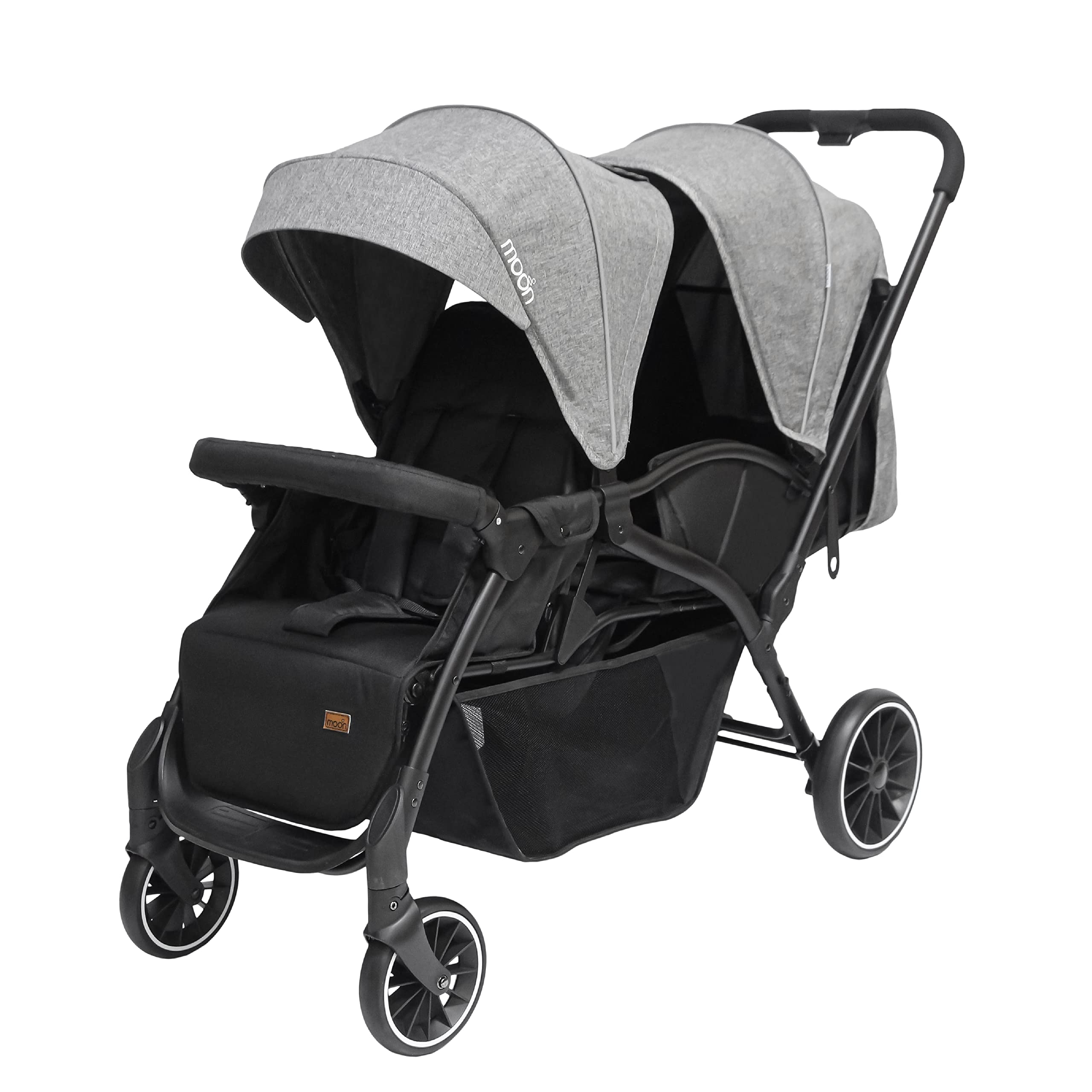 The Moon Brand Dois Tandem/Twin EasyFold Tandem Stroller - Double Stroller for Babies and Toddlers - Reclining Stroller, Adjustable Canopy, 5-Point Harness - 0m+, up to 15kg - Grey