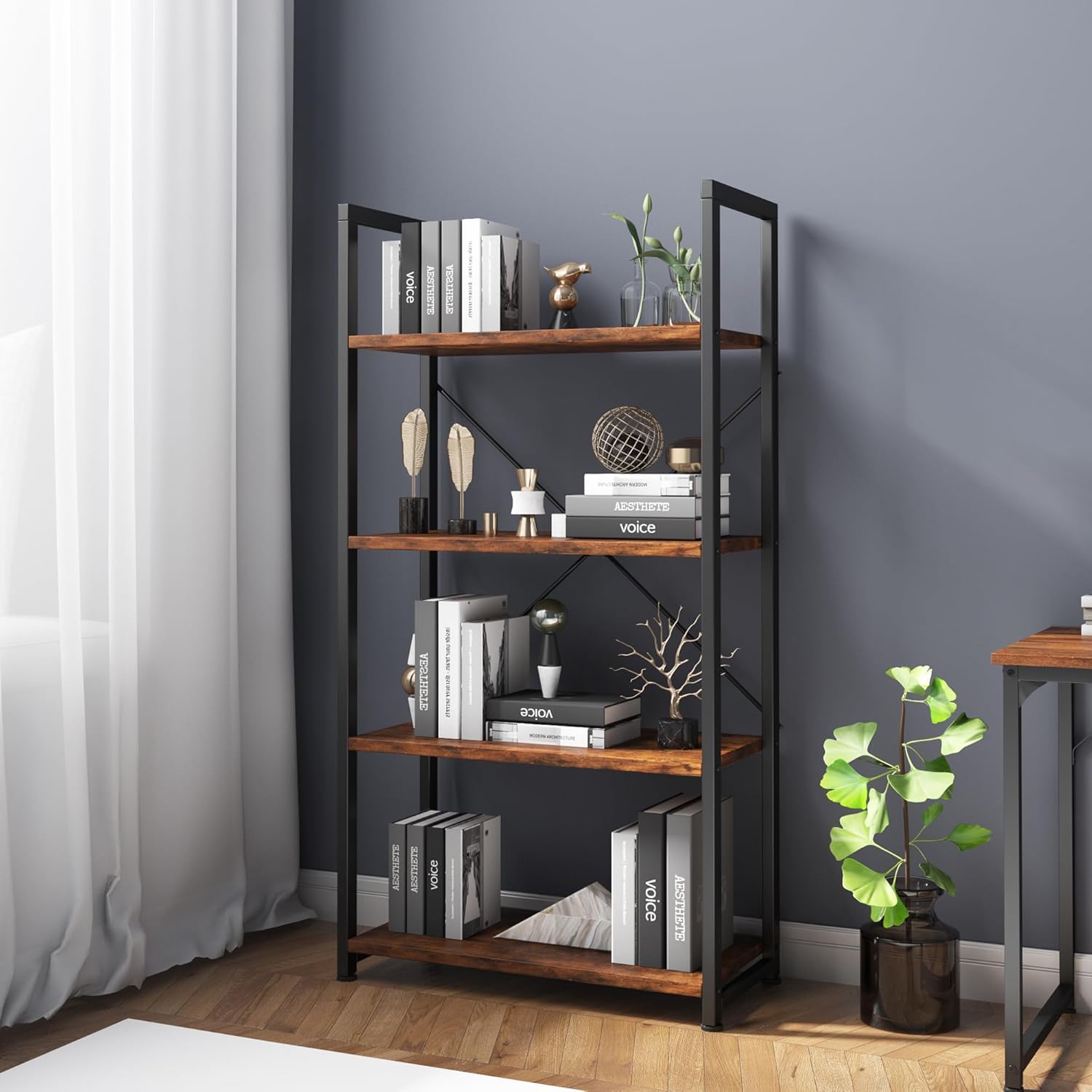 VERMESS Industrial Bookshelf, 4-Tier 24inch Shelving Unit Wood Bookcase with Open Shelves, Standing Bookshelves Metal Frame Display Rack for Living Room,Bedroom, 24 * 11.8 * 47.2inch，Rustic Brown
