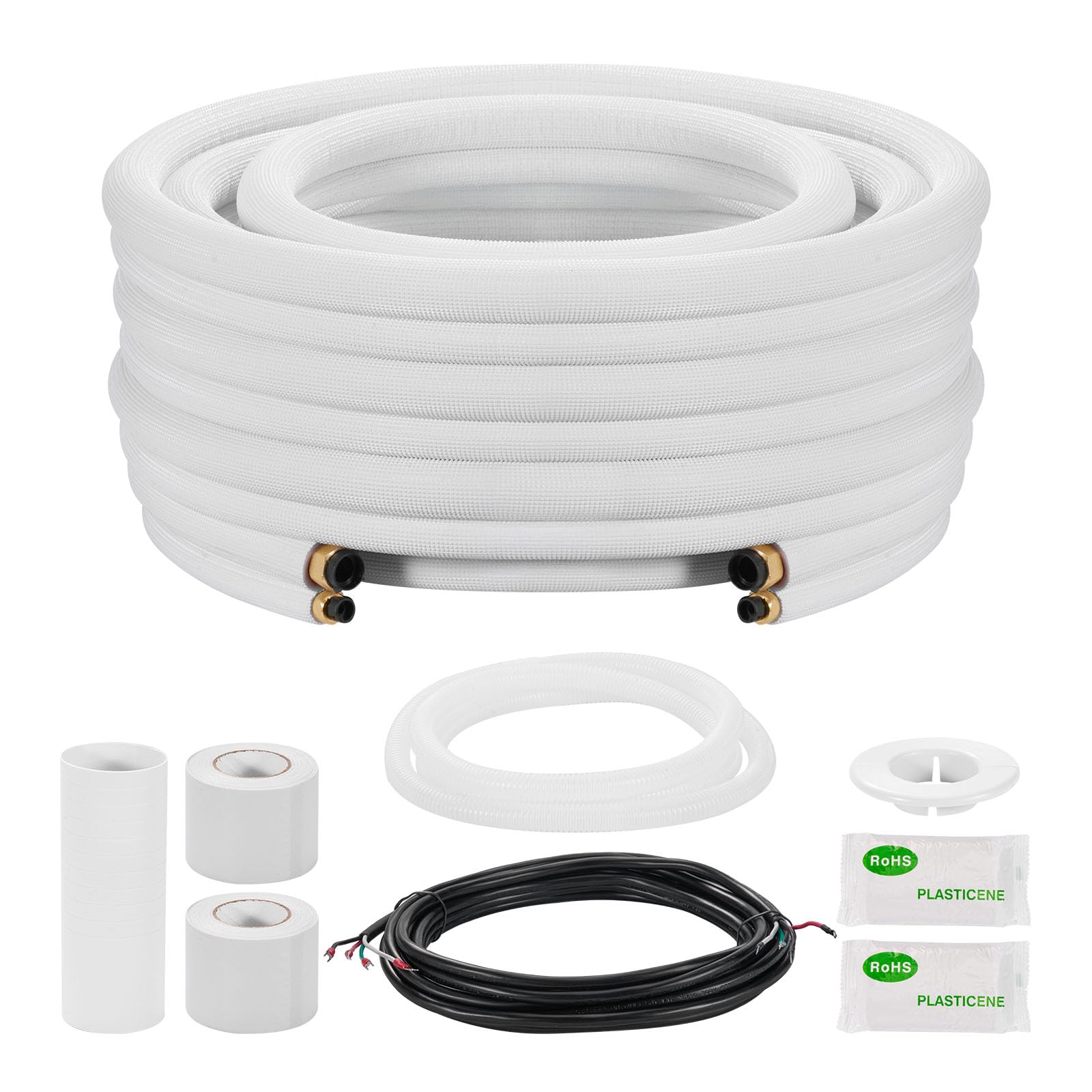 VEVOR 50ft Mini Split Line Set, 1/4 & 3/8 OD AC Copper Tubing Pipe, 3/8 White PE Thickened Insulated Coil with Flared Nuts, Rich Fittings, for Mini Split Air Conditioner HVAC or Heat Pump System