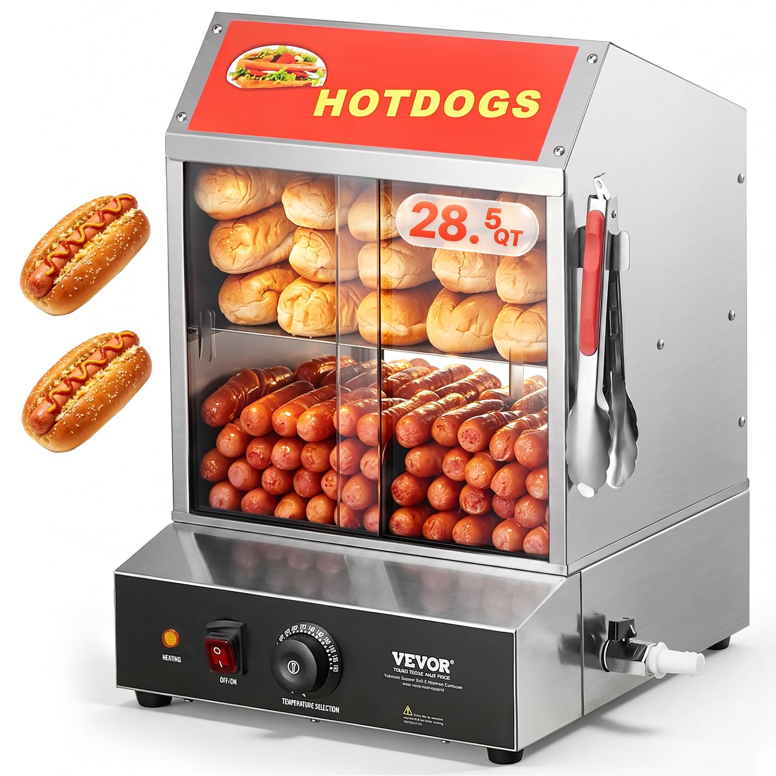 VEVOR Hot Dog Steamer, 28.5QT, 2-Tier Hot Dog Hut Steamer, 86??185?? Temperature Control, Electric Bun Warmer with Tempered Glass Slide Doors Partition Plate Tong, Stainless Steel, for Hot Dogs & Buns