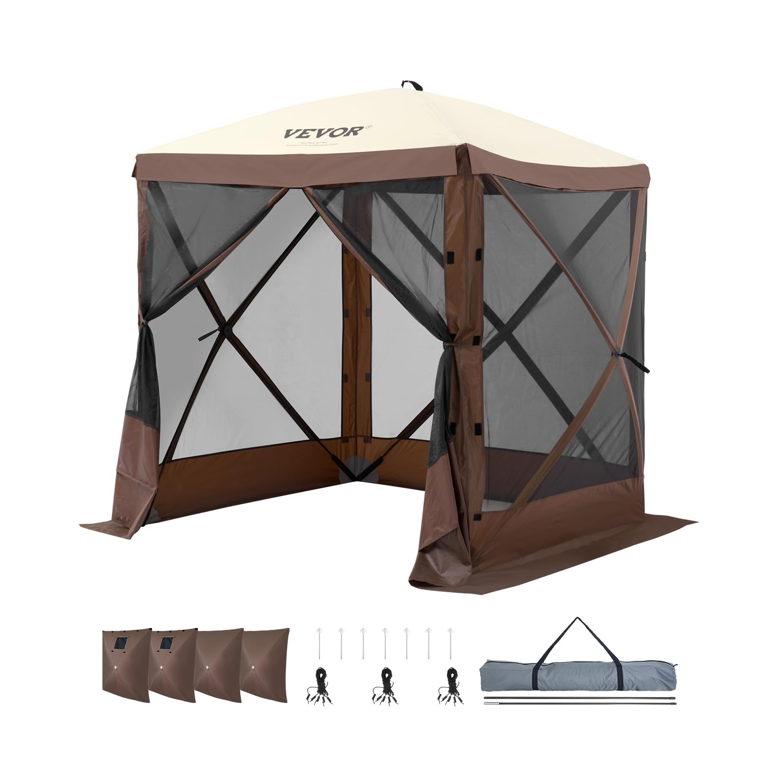 VEVOR Pop Up Gazebo Tent, Pop-Up Screen Tent 4 Sided Canopy Sun Shelter with 4 Removable Privacy Wind Cloths & Mesh Windows, 6x6FT Quick Set Screen Tents with Netting, Brown