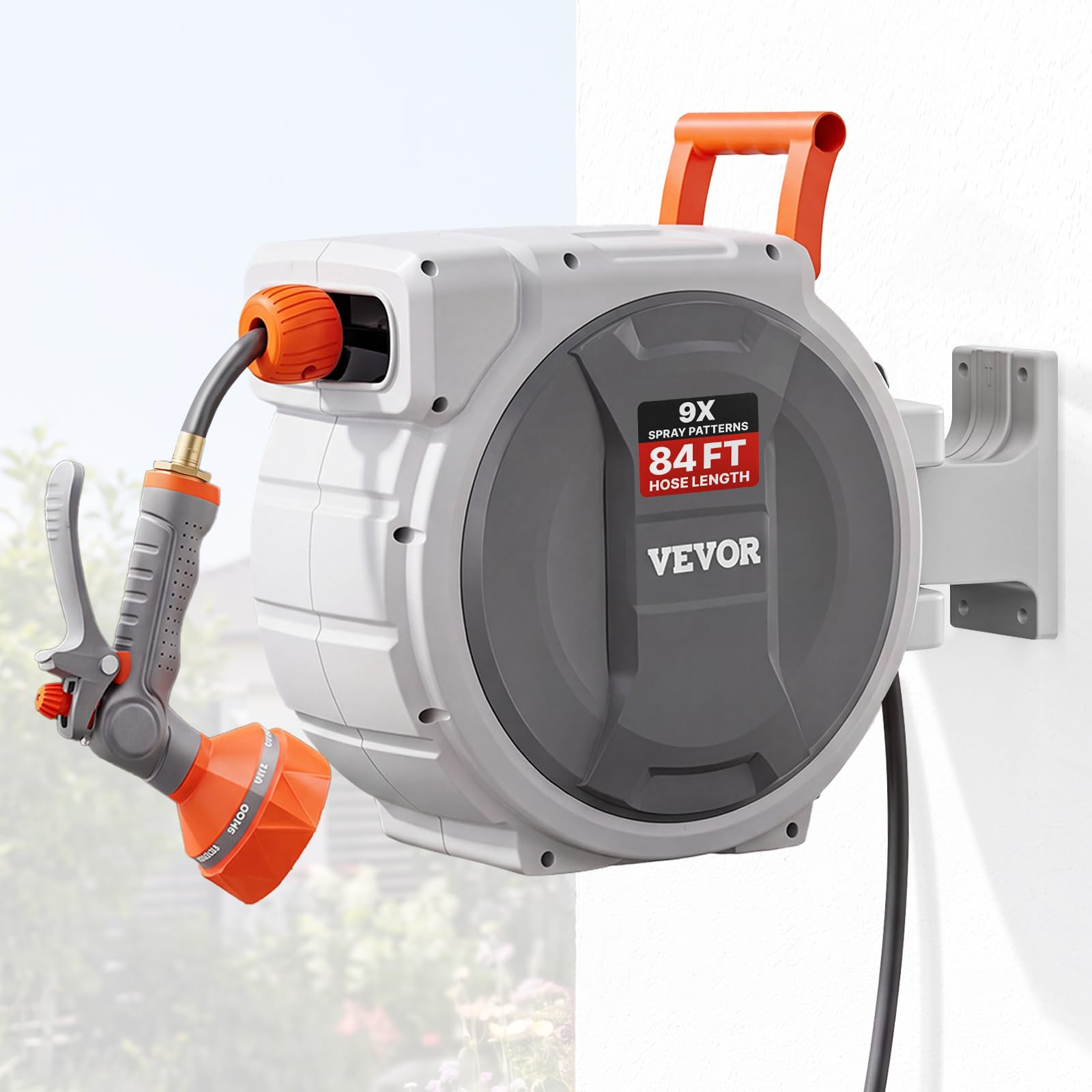 VEVOR Retractable Garden Hose Reel, 1/2 Inch x 84 ft Wall Mounted Hose Reel, Heavy Duty Garden Hose Reel with 9 Patterns Nozzle, Any Length Lock, Upgraded Slow Return System and 180degreeSwivel Bracke