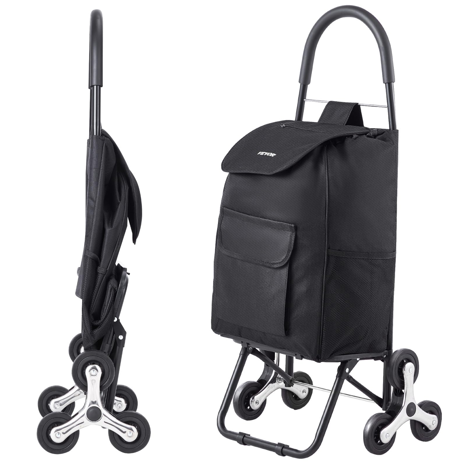 VEVOR Stair Climber Trolley Dolly, 36L Folding Shopping Cart, Grocery Cart Trolley Laundry Stair Climbing Handcart with 6 Wheels & Oxford Cloth Bag, Foldable Cart for Shopping Grocery Laundry, Black
