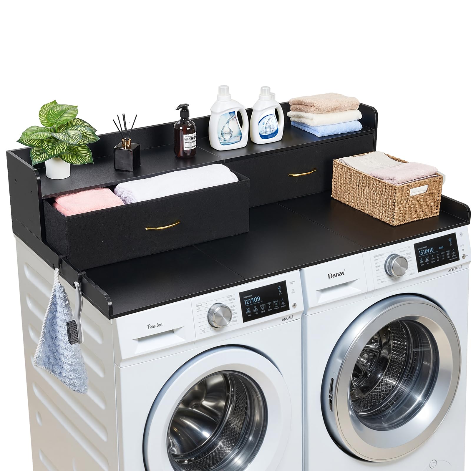 VEVOR Washer Dryer Countertop, 54 x 27.5 in Wooden Washer and Dryer Topper with Edge & 2 Hooks, Water-Resistant Laundry Machine Topper for Laundry Closet Pantry Counter Organization and Storage, Oak