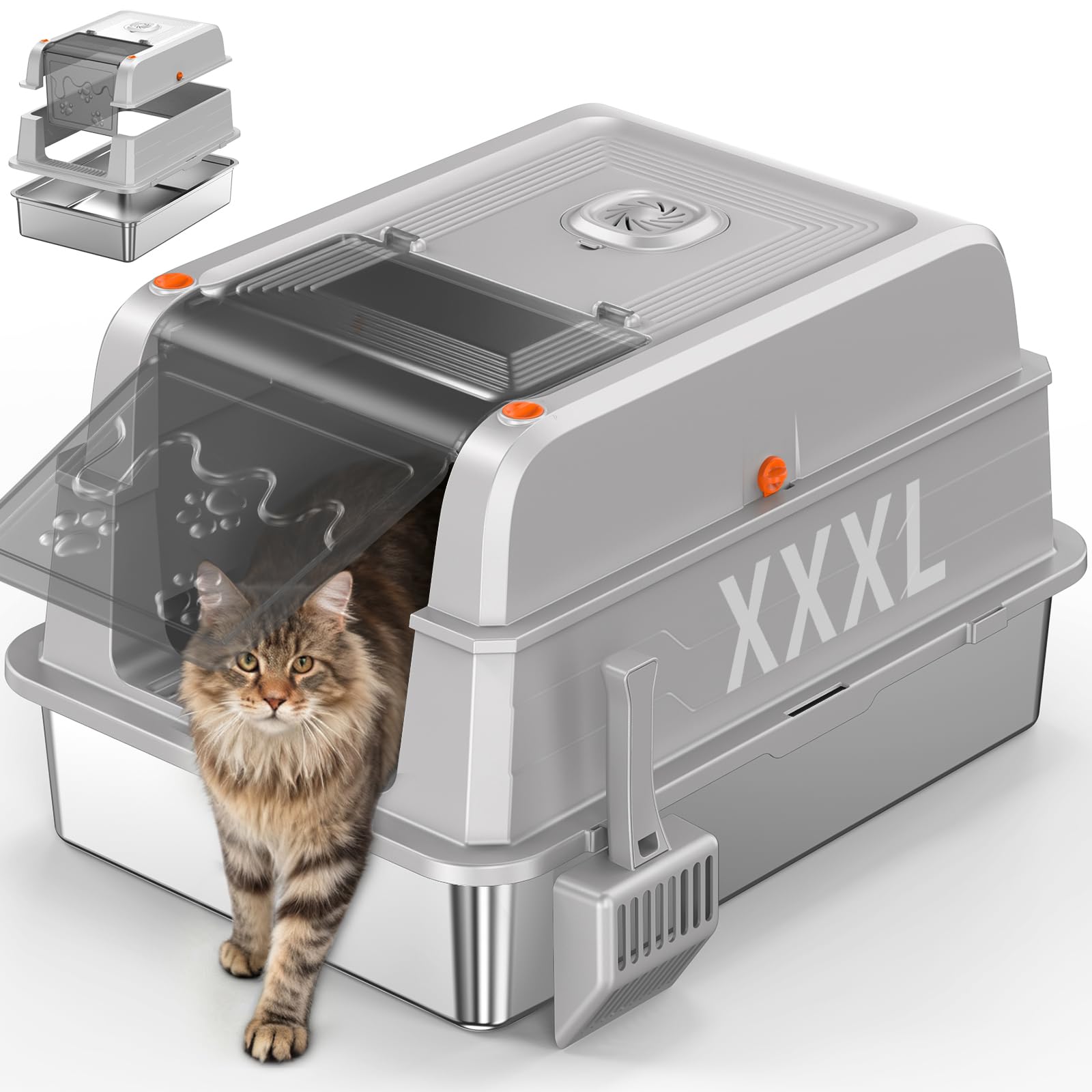 XXXL Stainless Steel Cat Litter Box with Lid, Light Grey
