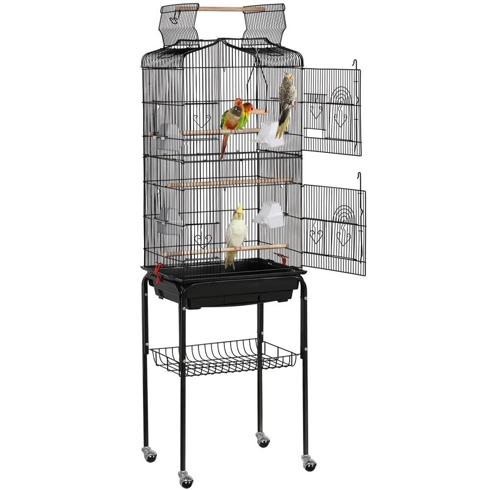 Yaheetech Play Open Top Bird Cage for Cockatiel Quaker Parrot Sun Parakeet Green Cheek Conure Finch Budgie Lovebird Parrotlet Canary Pet Bird Cage with Stand, Black