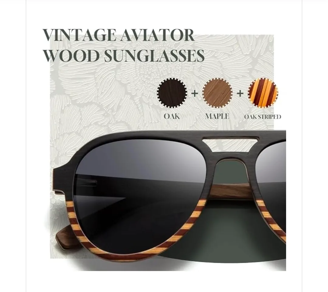 SUNGAIT Oak & Maple Wood Sunglasses Classic Aviator Style for Men Women Polarized UV400 Lenses & Hard Gift Case