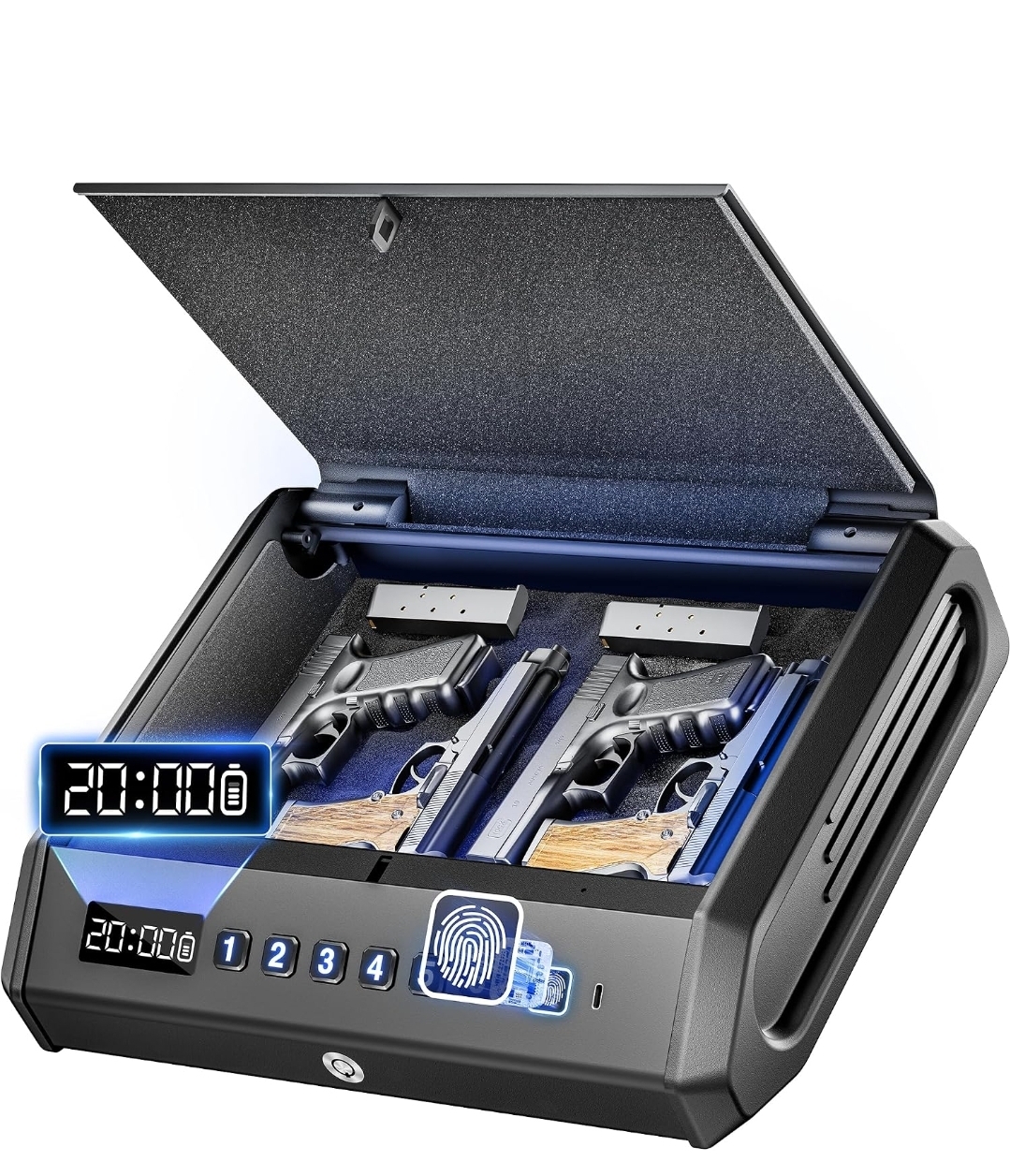 Large Gun Safe for 2-4 Pistols, Fingerprint Digital PIN Key Unlock with LCD Display & USB Port, 650 DPI Quick Access Biometric Handgun Safe, Hand Gun Lock Box for Home Drawer Bedside Nightstand